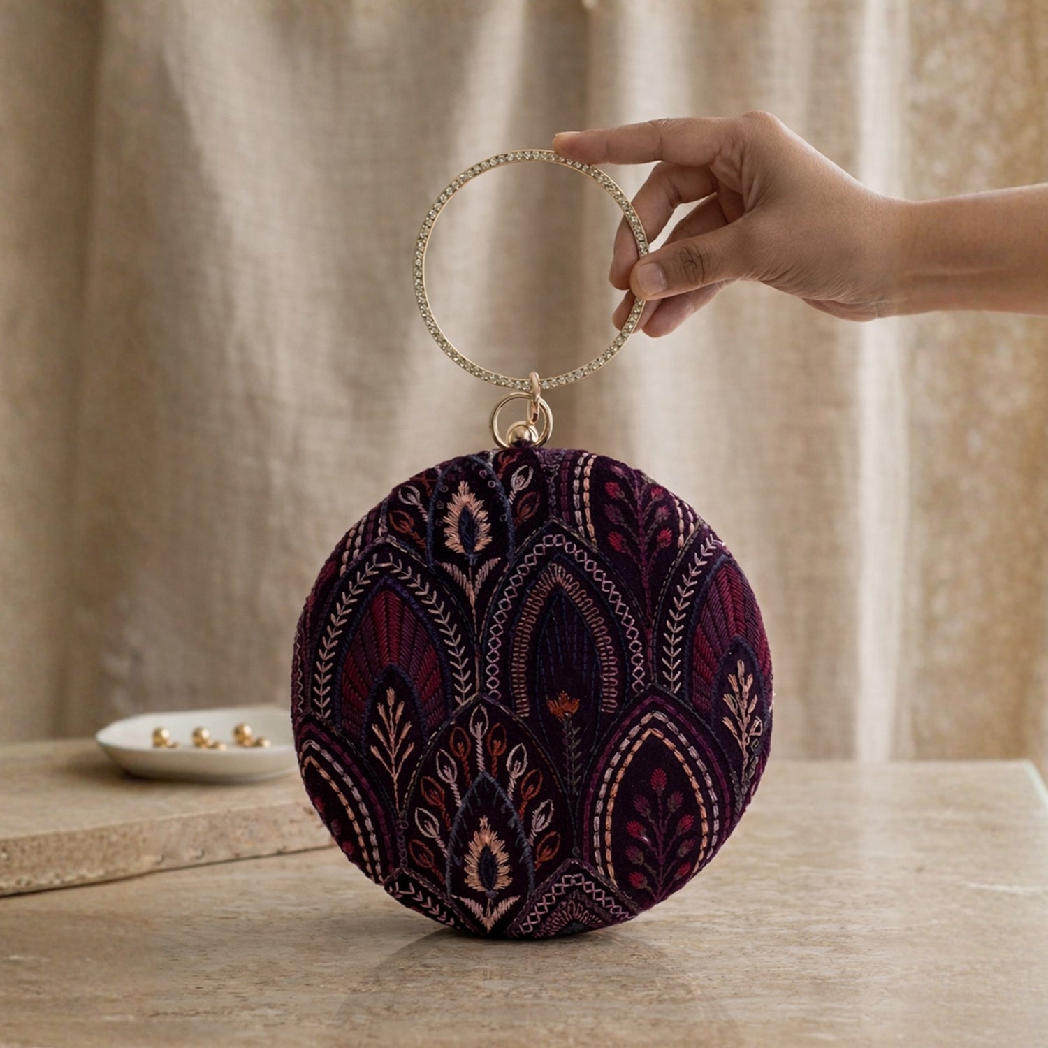 Artklim Royal Maroon Heritage Velvet Embroidery Clutch