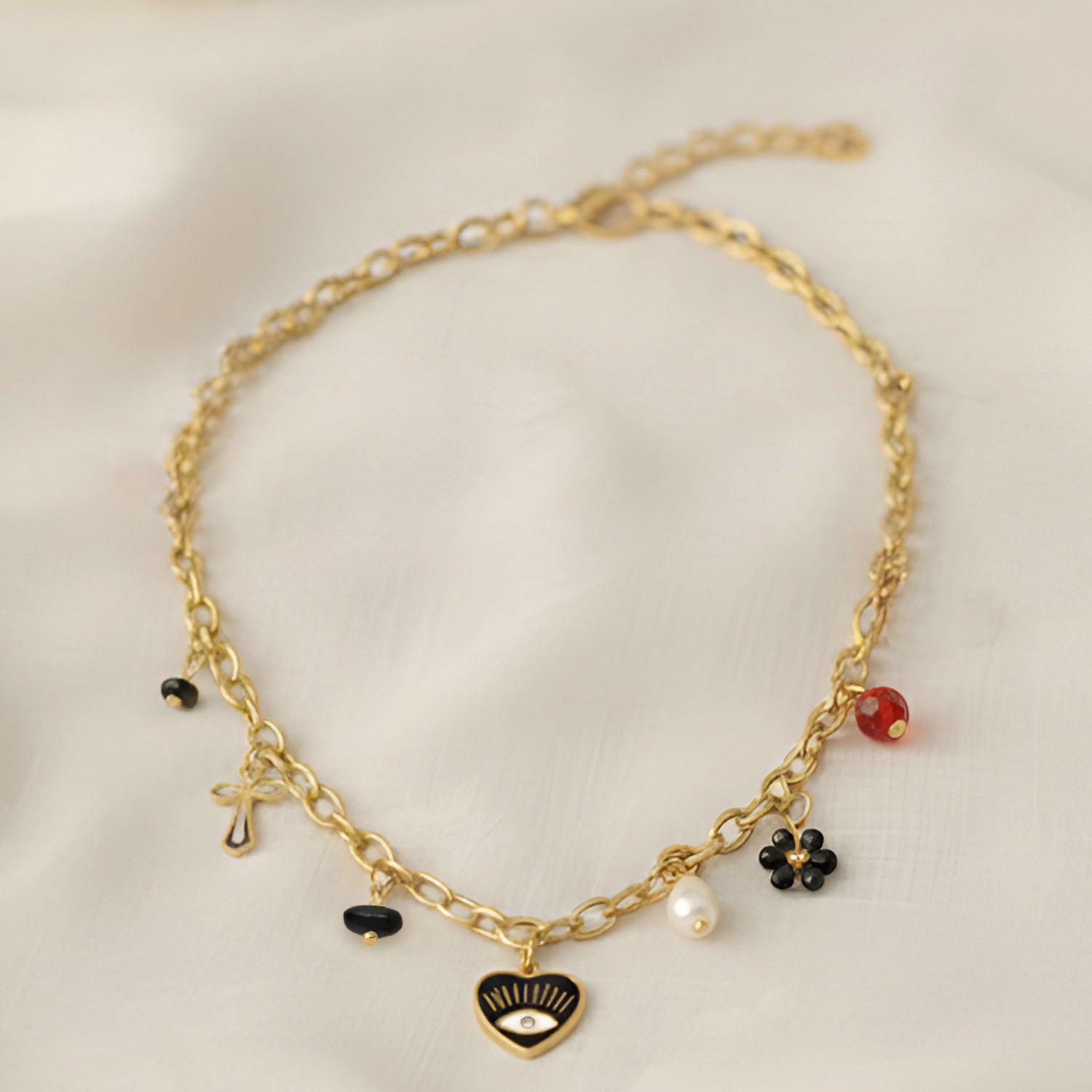 Artklim Gold-Plated Trendy Chunky Chain with Heart & Cross Charms Anti-Tarnish Pendant Necklace