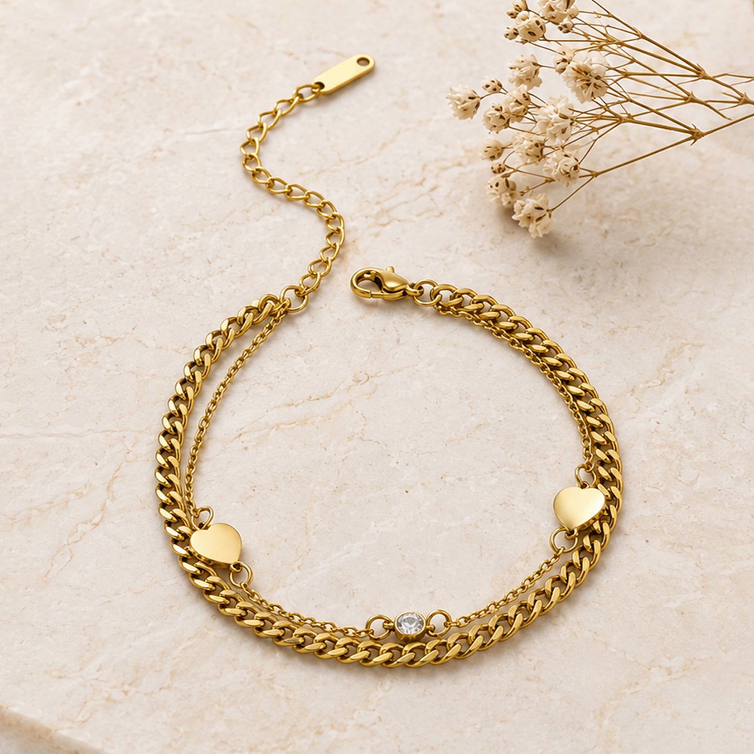 Artklim Double Layer Heart Chain Crystal Anti-Tarnish Bracelet