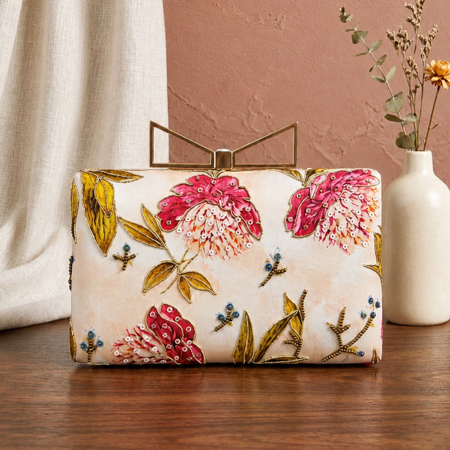Artklim Printed Blush Pink Floral Designer Clutch with Hand Embroidery