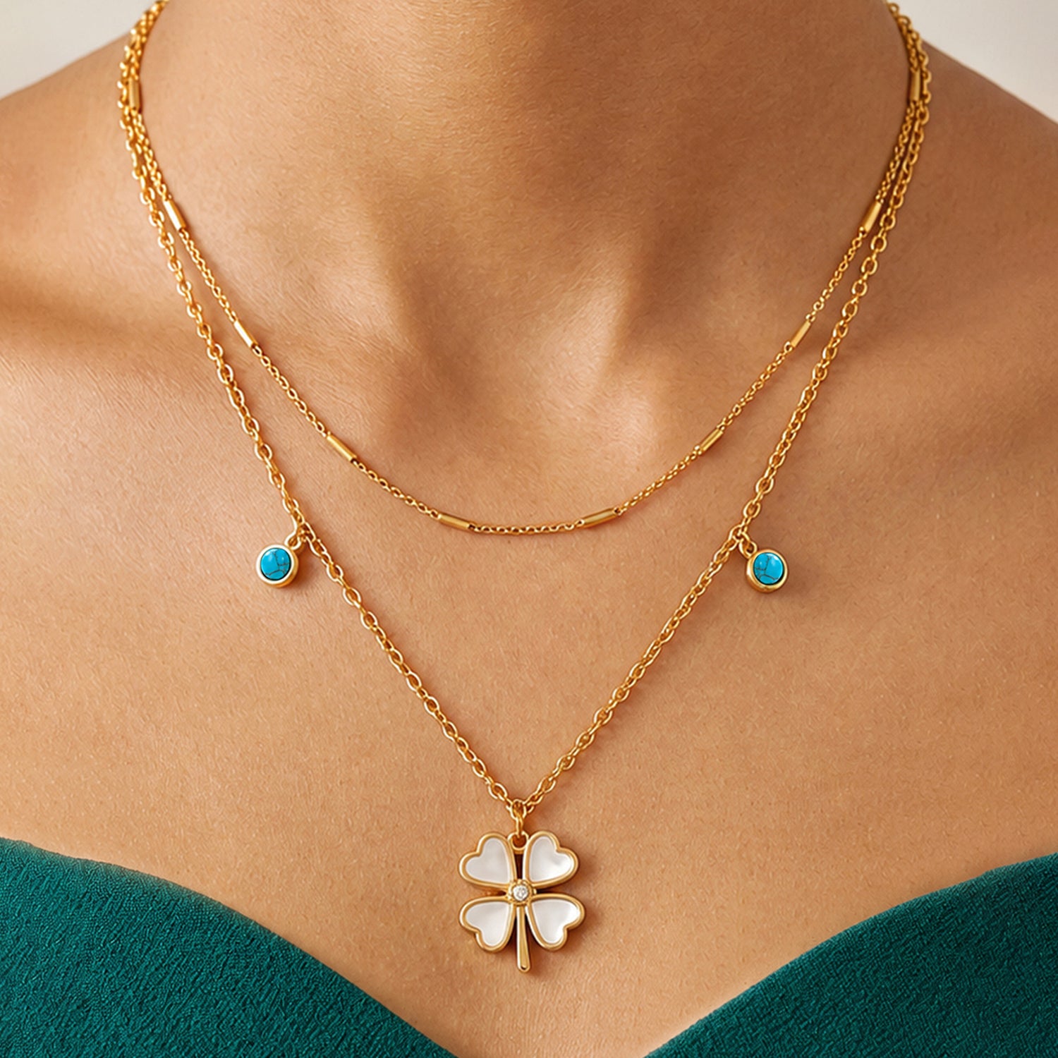 Artklim White Clover & Turquoise Layered Anti-Tarnish Pendant Necklace