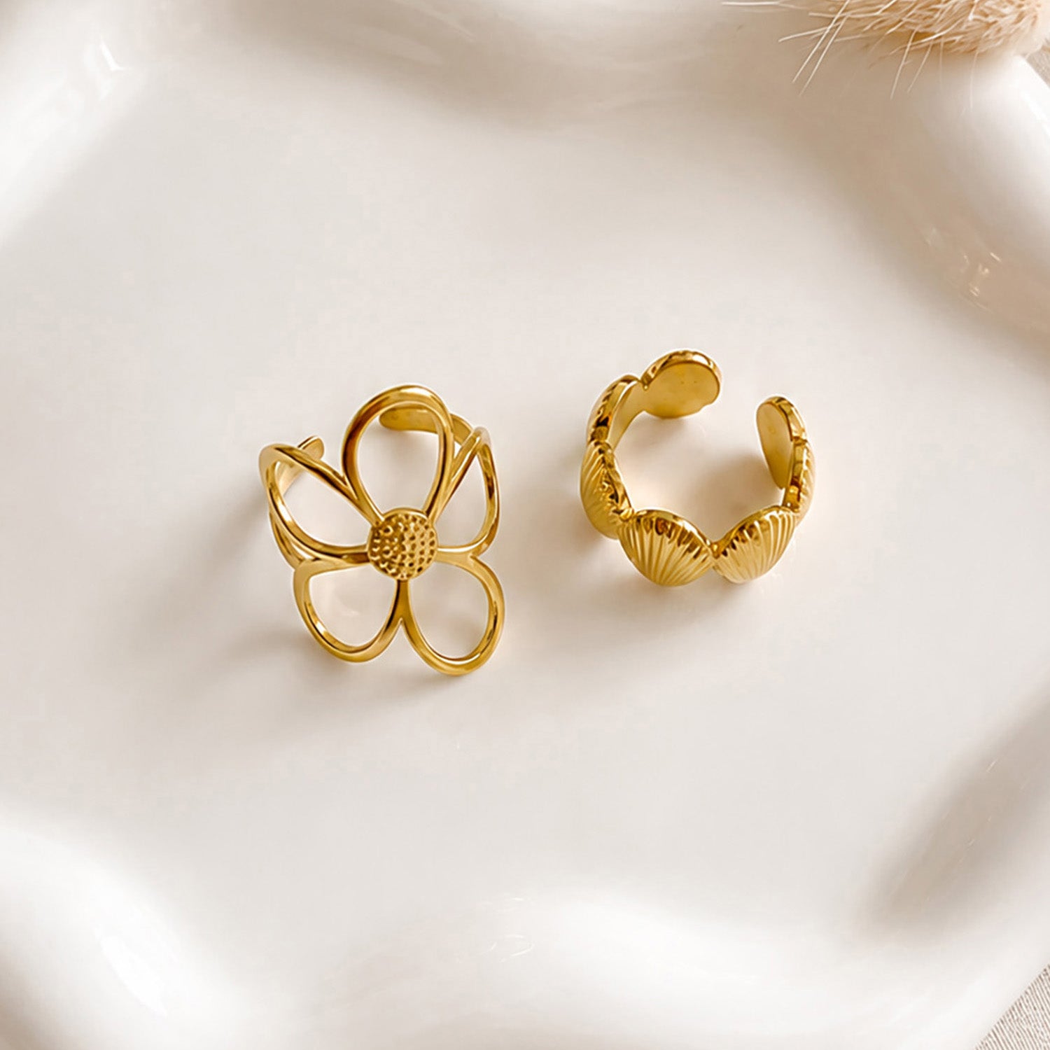 Artklim Flower Petal & Shell Pair Ring Set Adjustable Anti-Tarnish Ring
