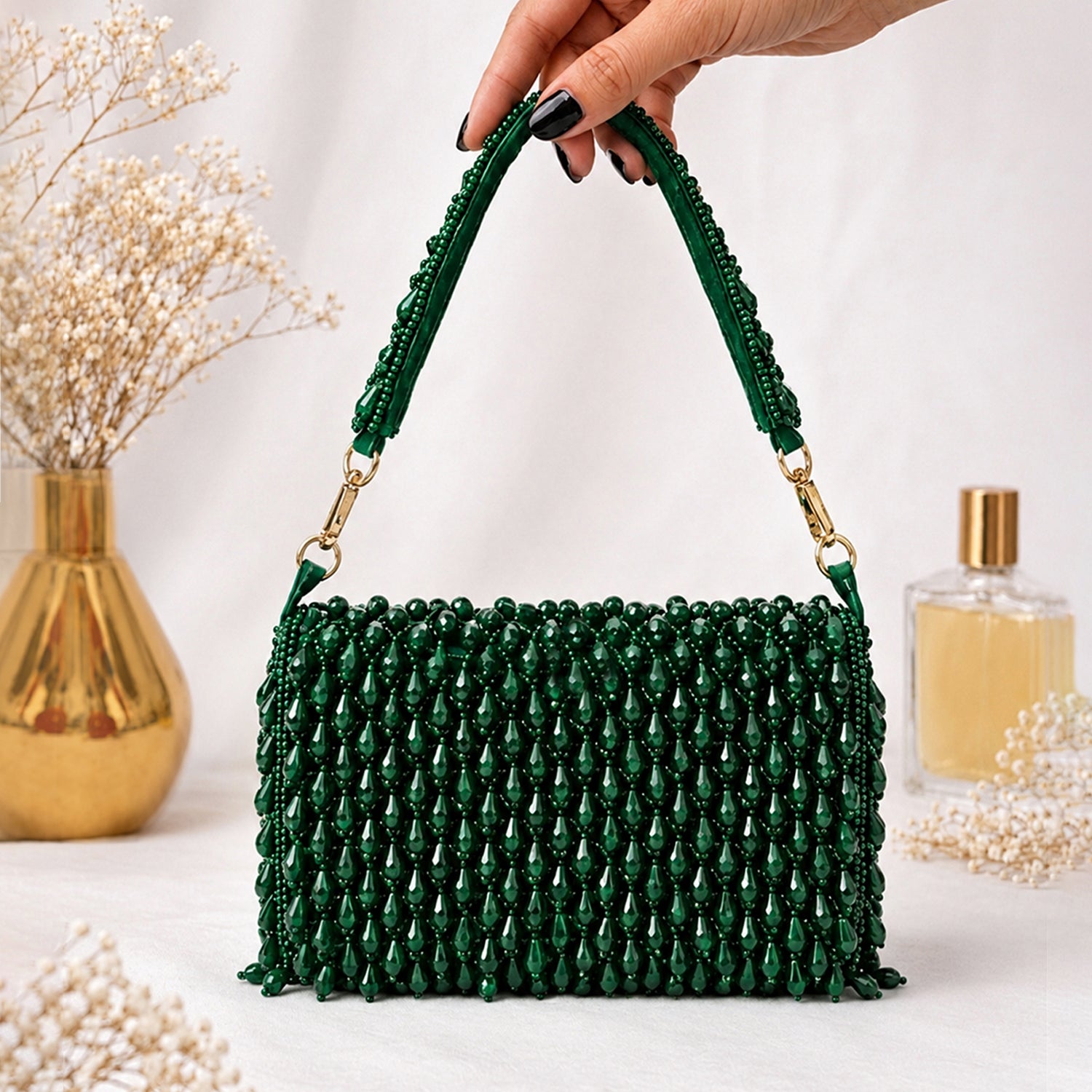 Artklim Emerald Green Handmade Beaded Clutch Bag