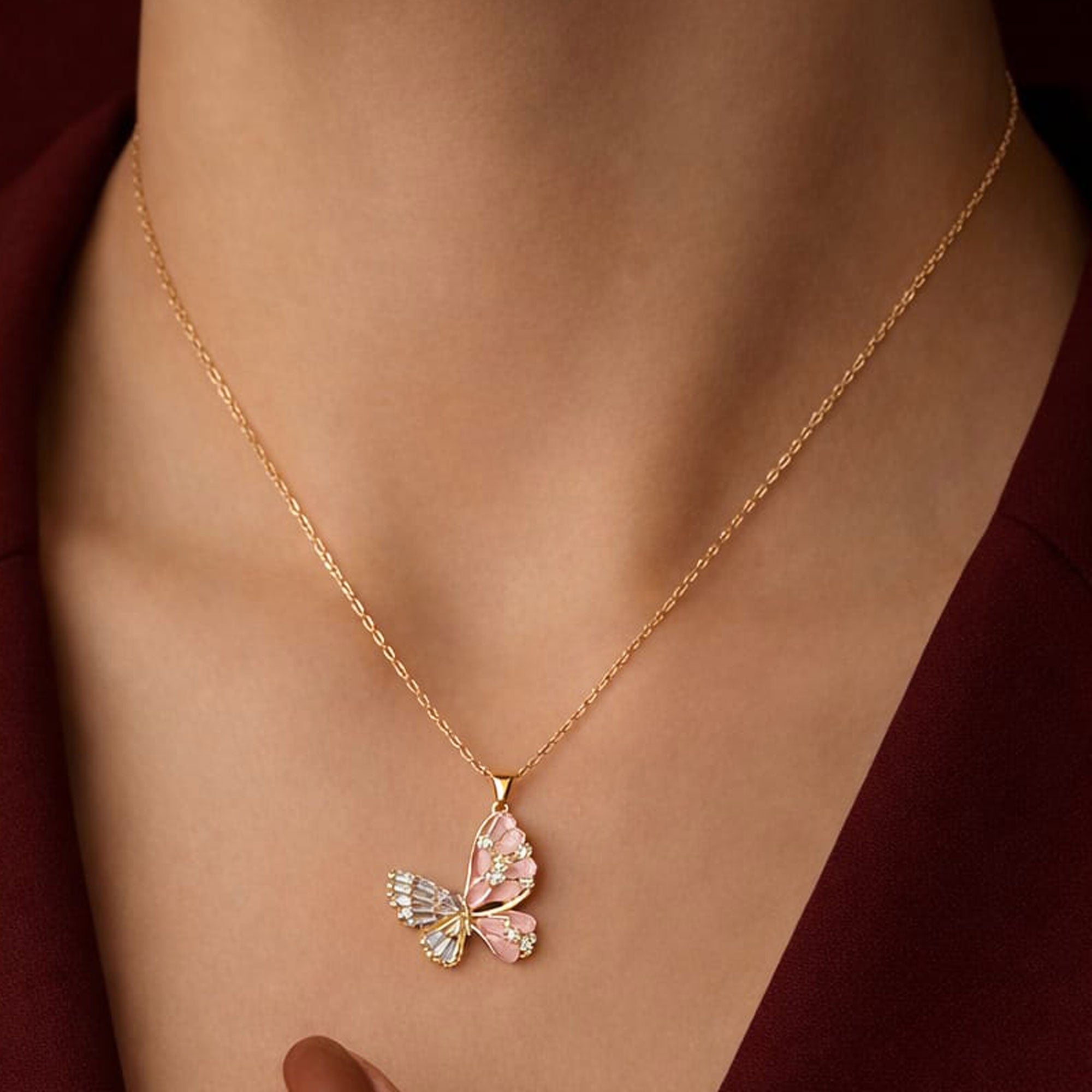 Artklim Gold-Plated Blush Crystal Butterfly Anti-Tarnish Pendant Necklace