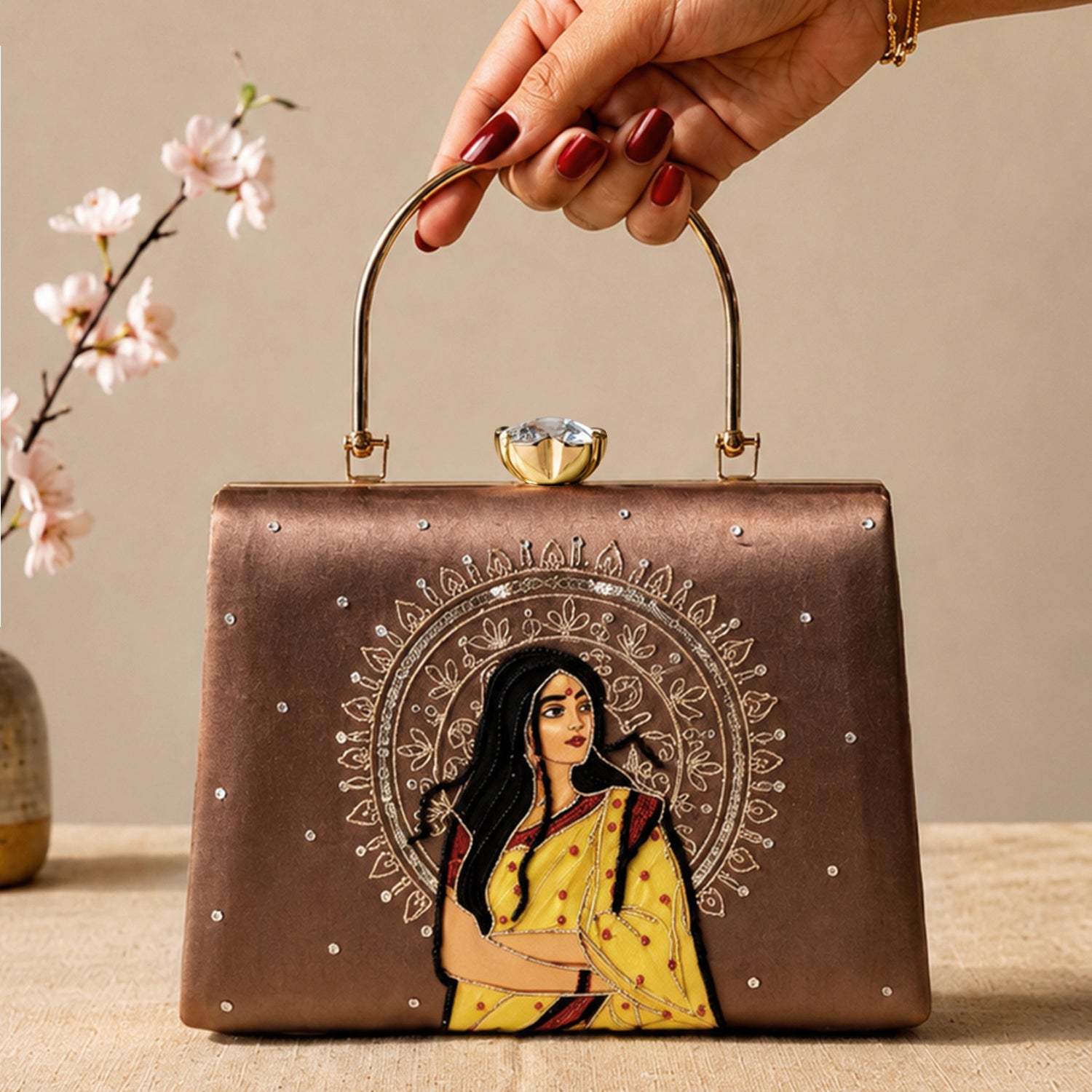 Artklim Printed Vintage Ethnic Woman Art Designer Clutch with Hand Embroidery