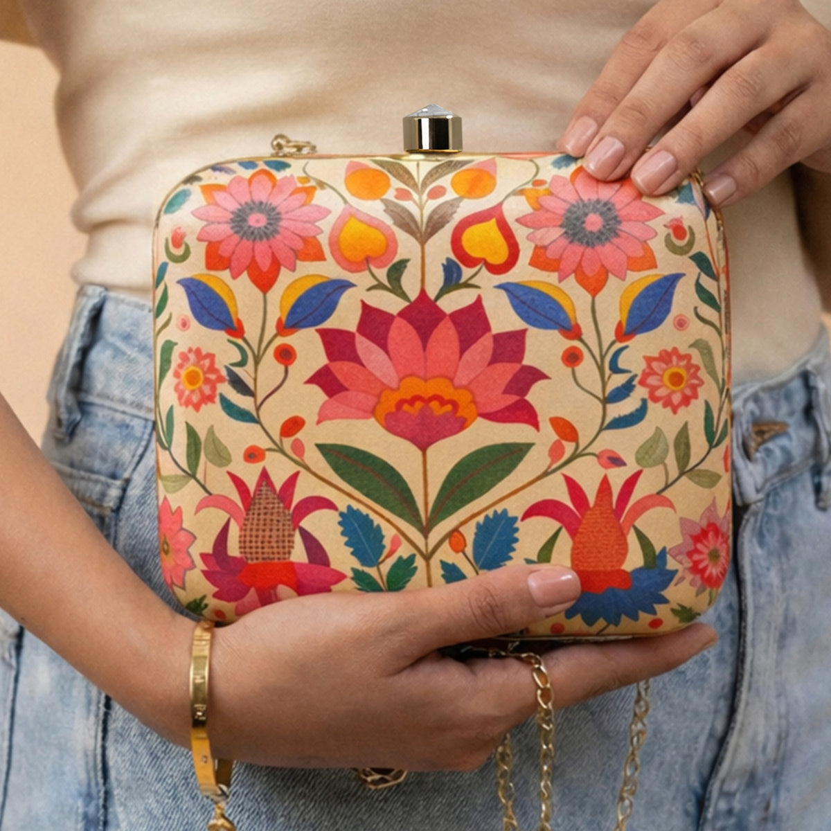 Artklim Floral Printed Designer Chain Clutch