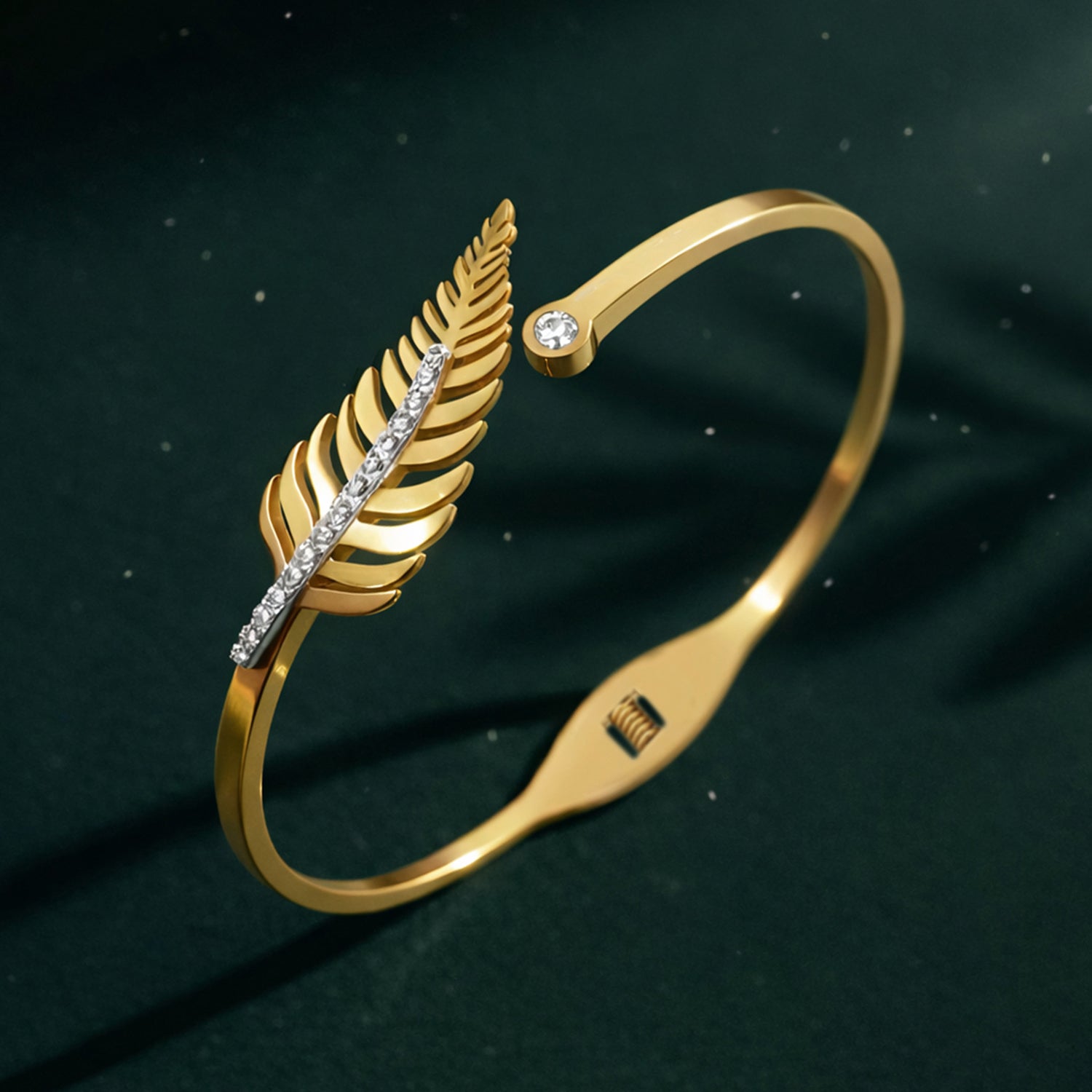 Artklim Gold Plated Leaf Crystal Cuff Anti-Tarnish Bangle Bracelet