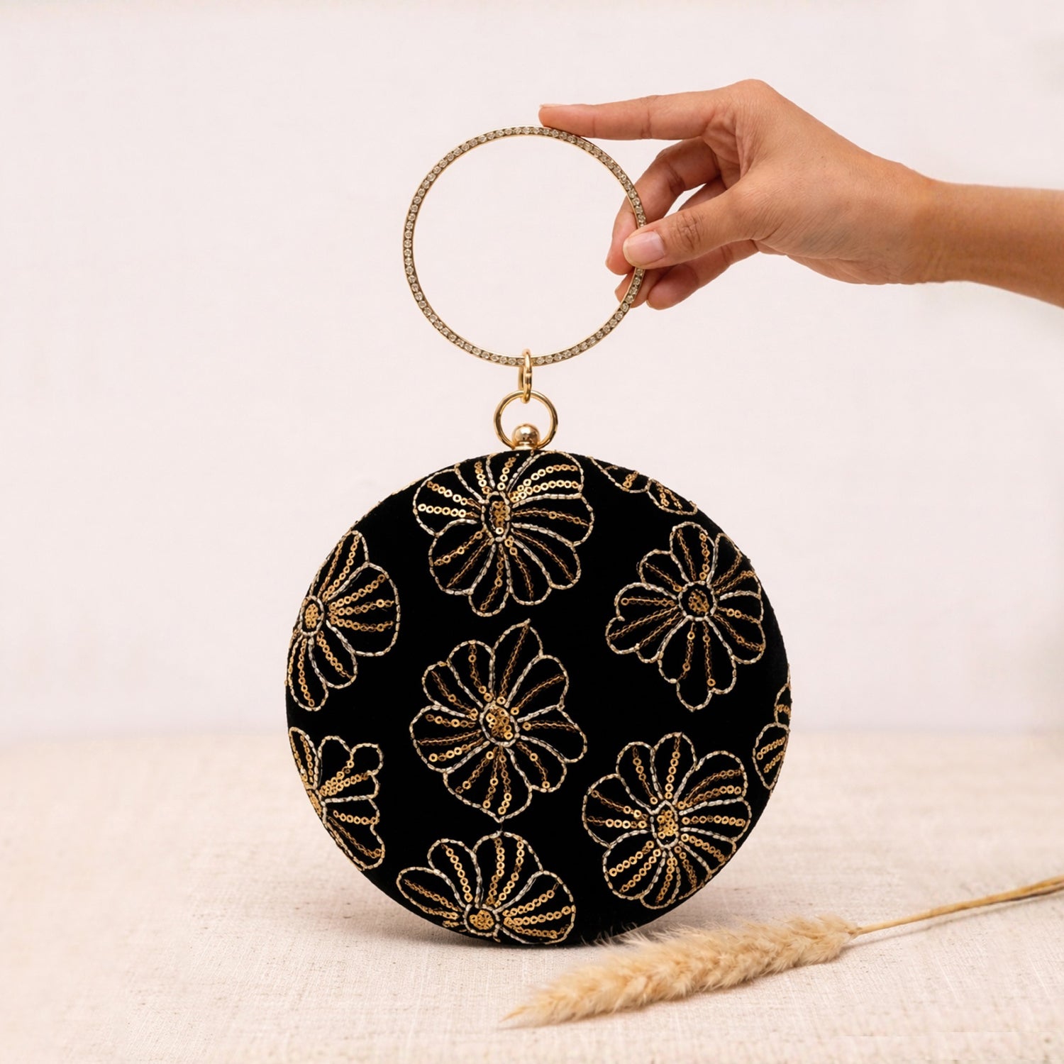 Artklim Midnight Noir Velvet Floral Embroidery Clutch