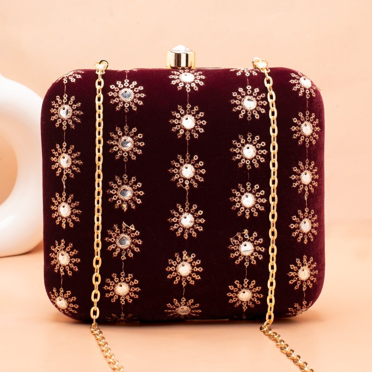 Artklim Dark Maroon Sequins Embroidery Clutch