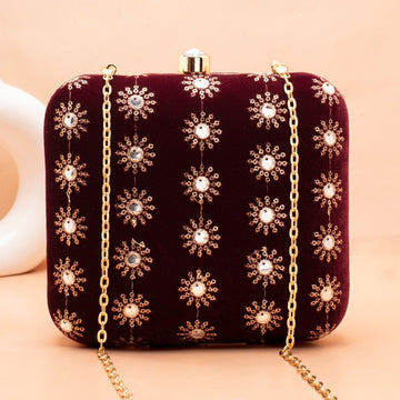 Artklim Dark Maroon Sequins Embroidery Clutch
