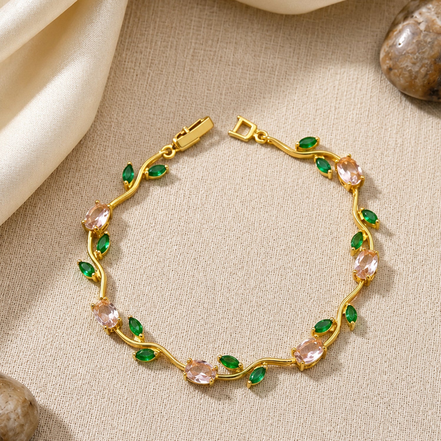 Artklim Floral Vine Green Crystal Gold Anti-Tarnish Bracelet