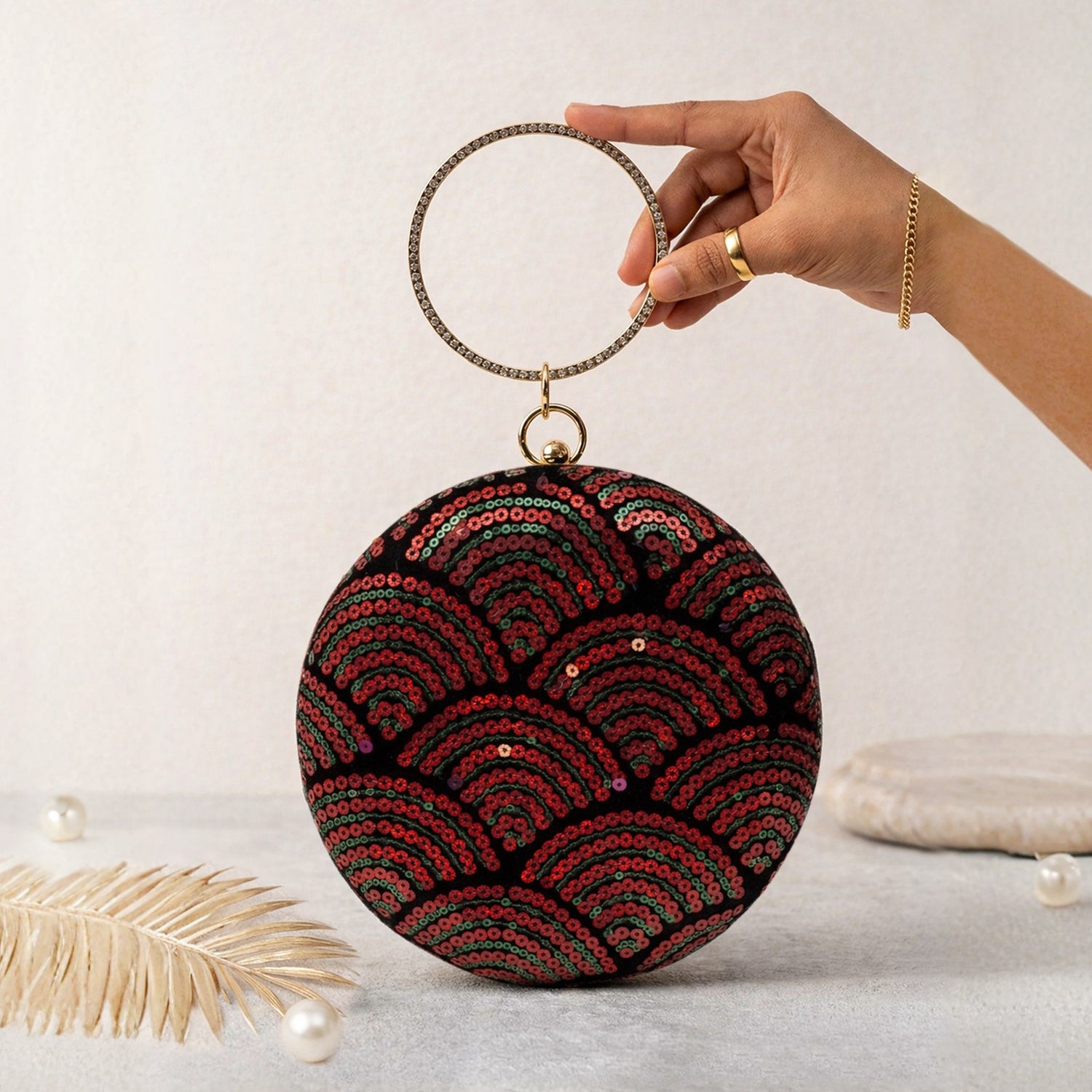 Artklim Chic Black with Red & Green Sequin Pattern Embroidery Clutch