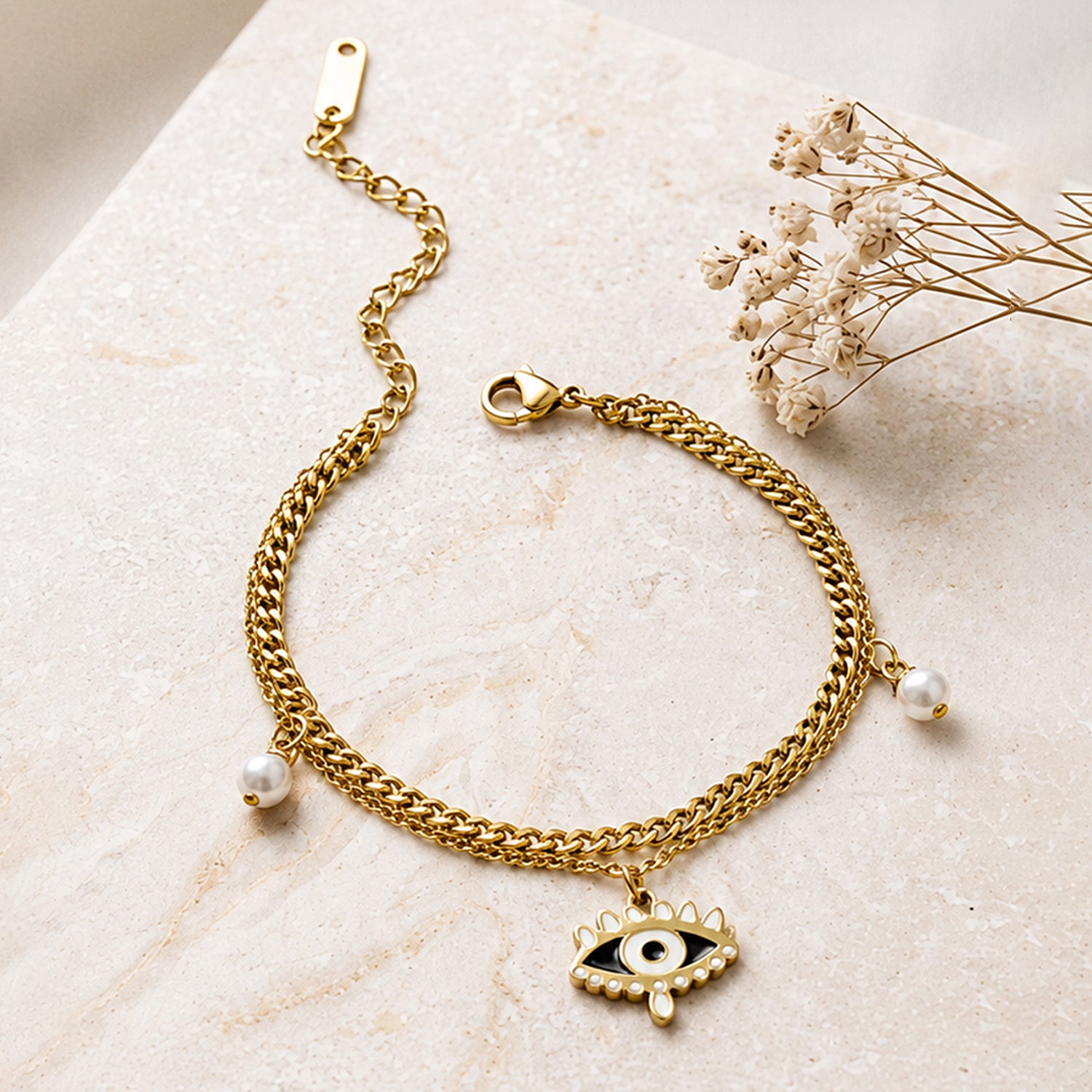 Artklim Evil Eye Pearl Layered Charm Anti-Tarnish Bracelet