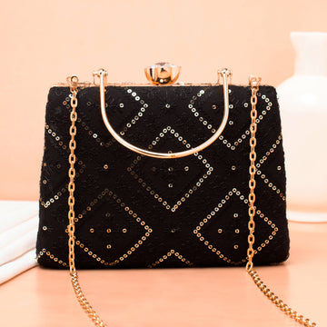 Artklim Black Based Sequins Embroidery Ethnic Clutch