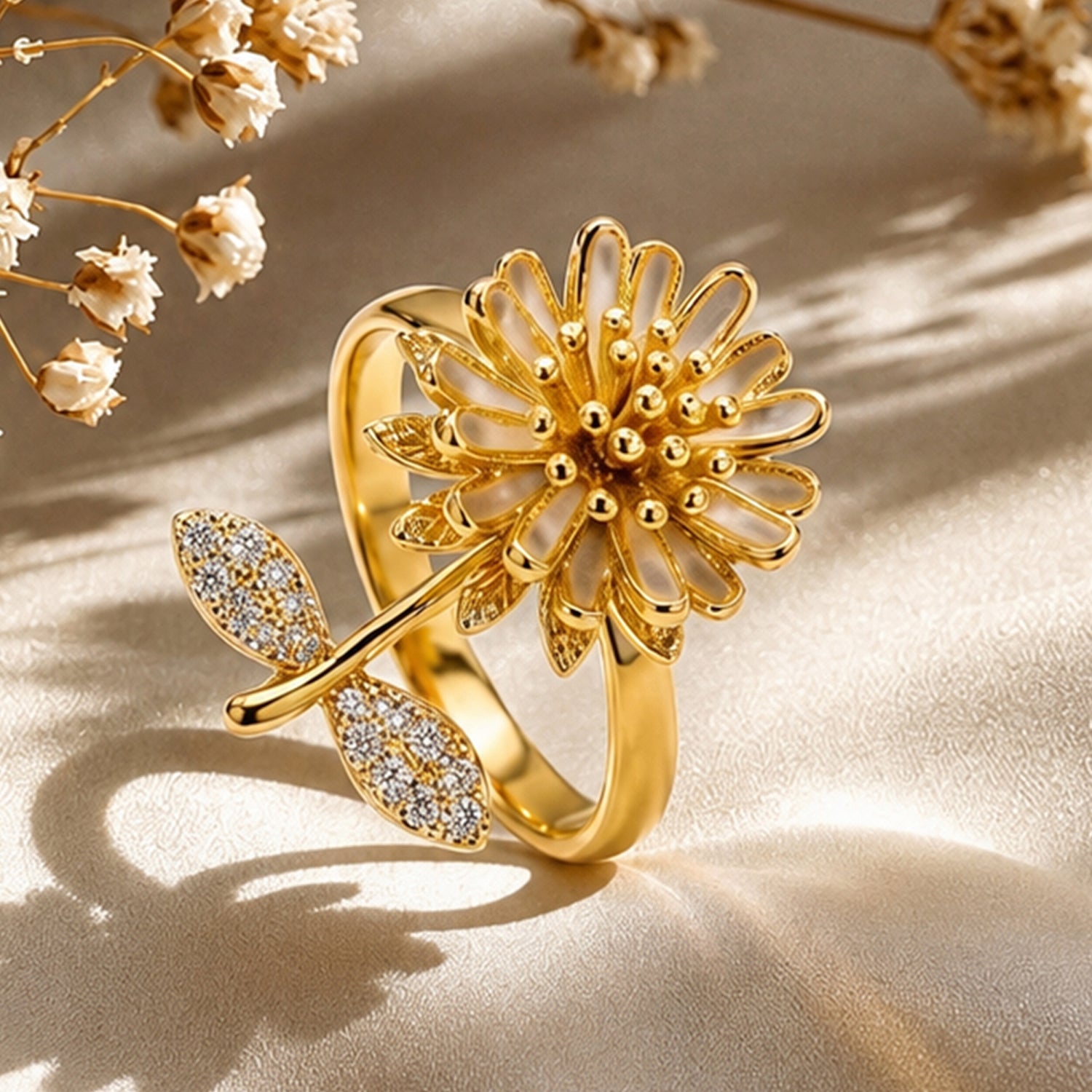 Artklim Gold Sun Daisy Revolving Flower Crystal Adjustable Anti-Tarnish Copper Ring