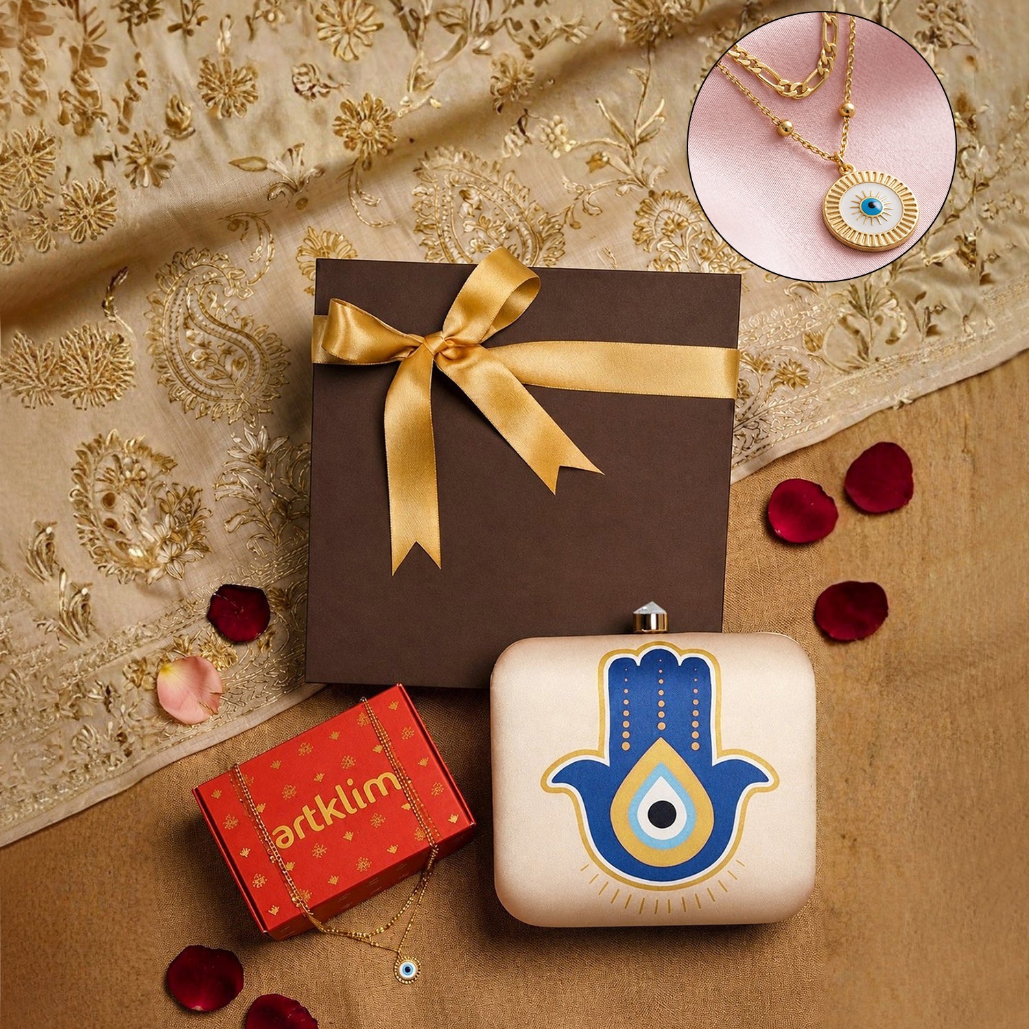 Artklim Protection & Grace Set: Hamsa Hand Clutch & Evil Eye Pendant Necklace