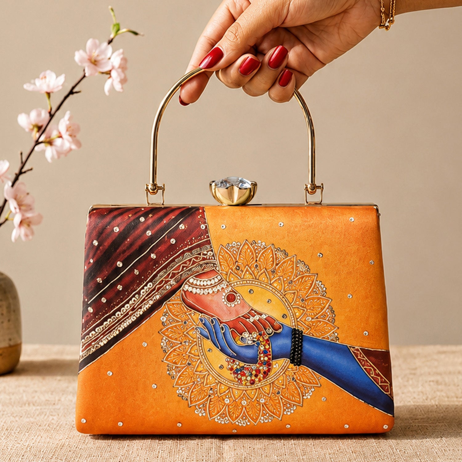 Artklim Printed Divine Hands Traditional Art Clutch with Hand Embroidery
