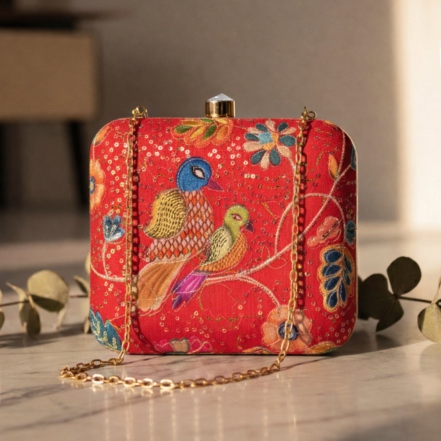 Artklim Women’s Red Ethnic Bird Box Embroidred Clutch