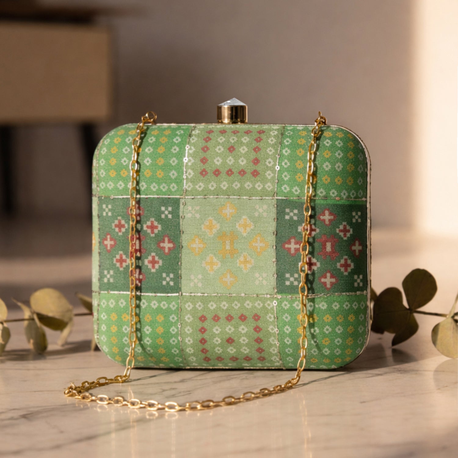 Artklim Women’s Green Ethnic Patchwork Box Embroidred Clutch