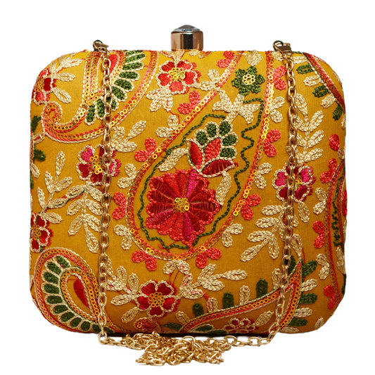 Yellow Multicolor Threadwork Embroidery Clutch