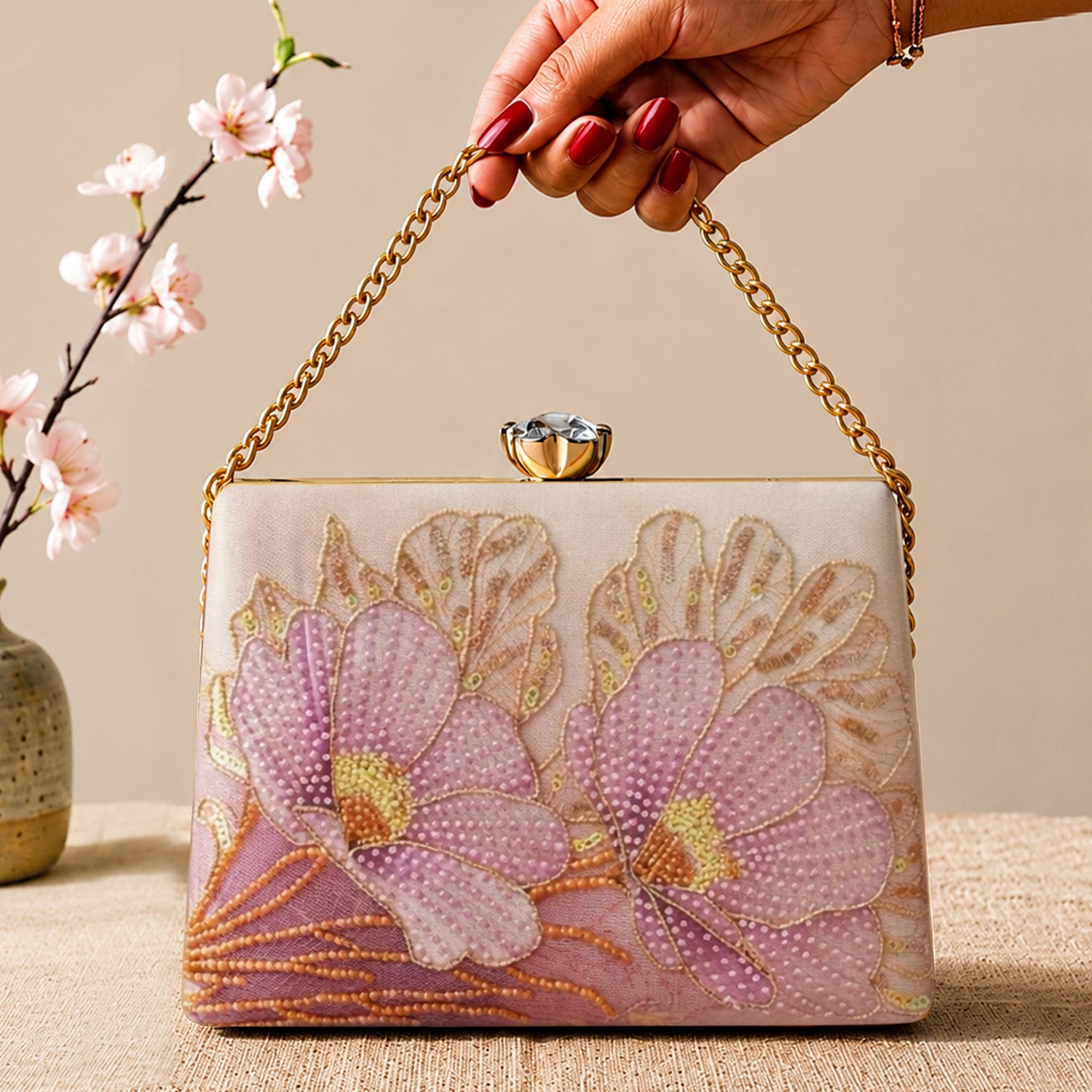 Artklim Printed Blush Pink Floral Beaded Clutch with Hand Embroidery