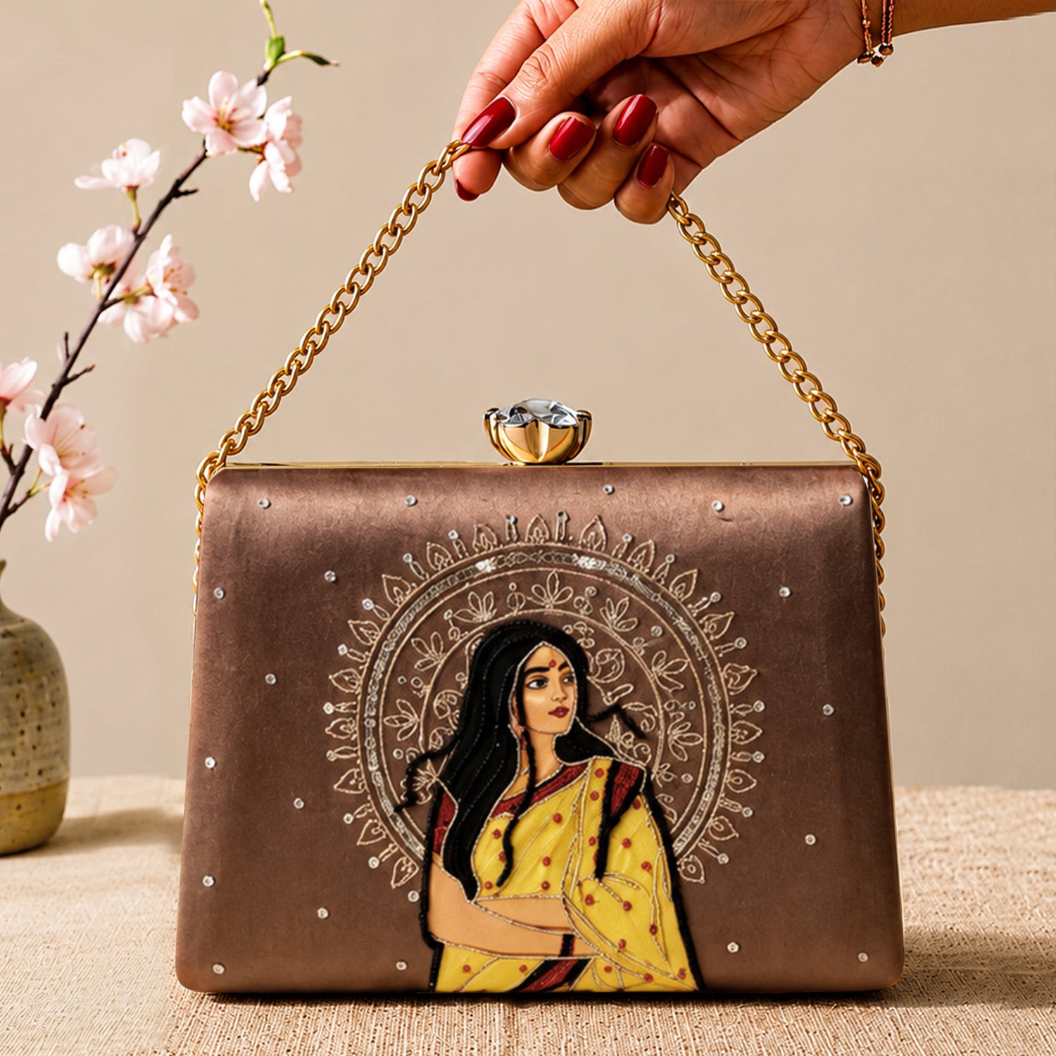 Artklim Printed Vintage Ethnic Woman Art Designer Clutch with Hand Embroidery