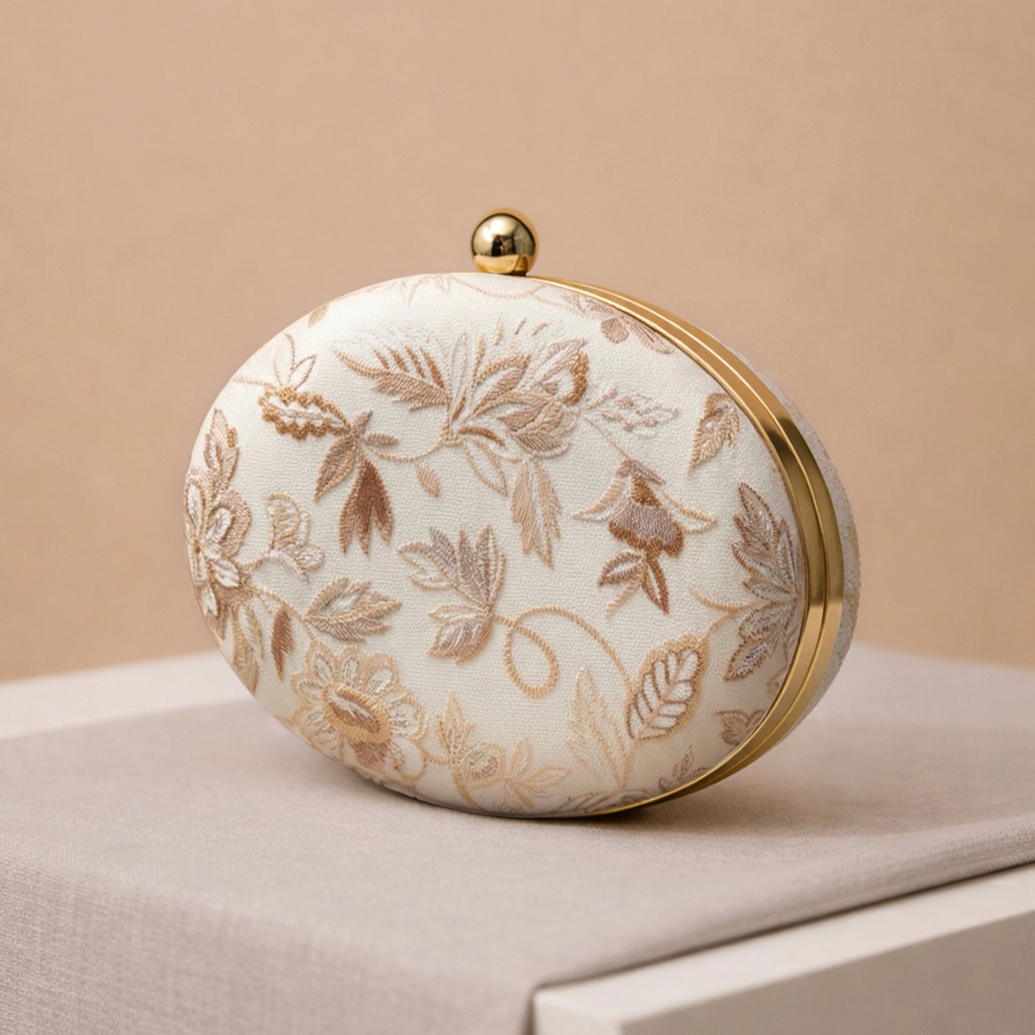 Artklim White Based Silver Brocade Fabric Oval Clutch