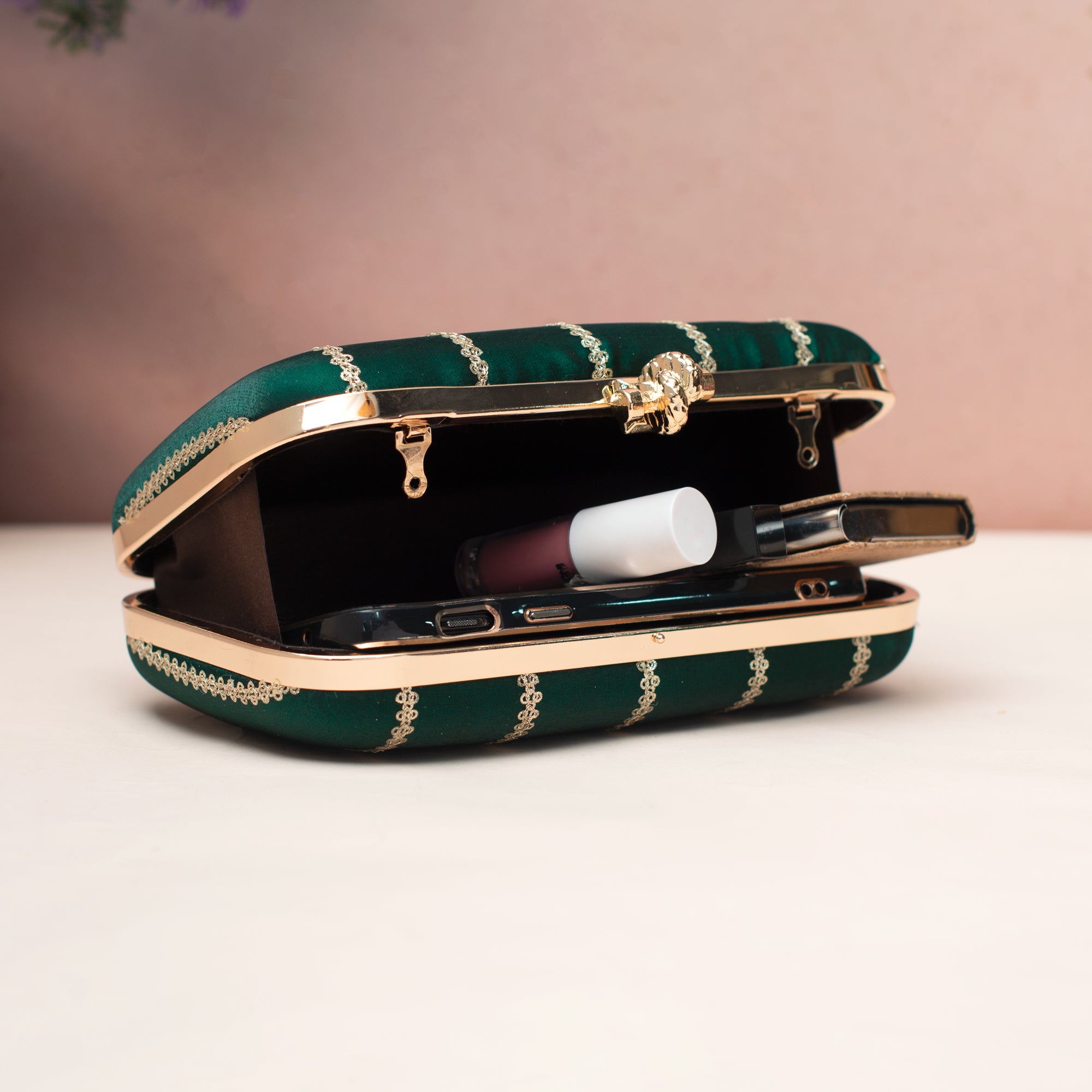 Artklim Regal Forest Green Satin Embroidered Clutch