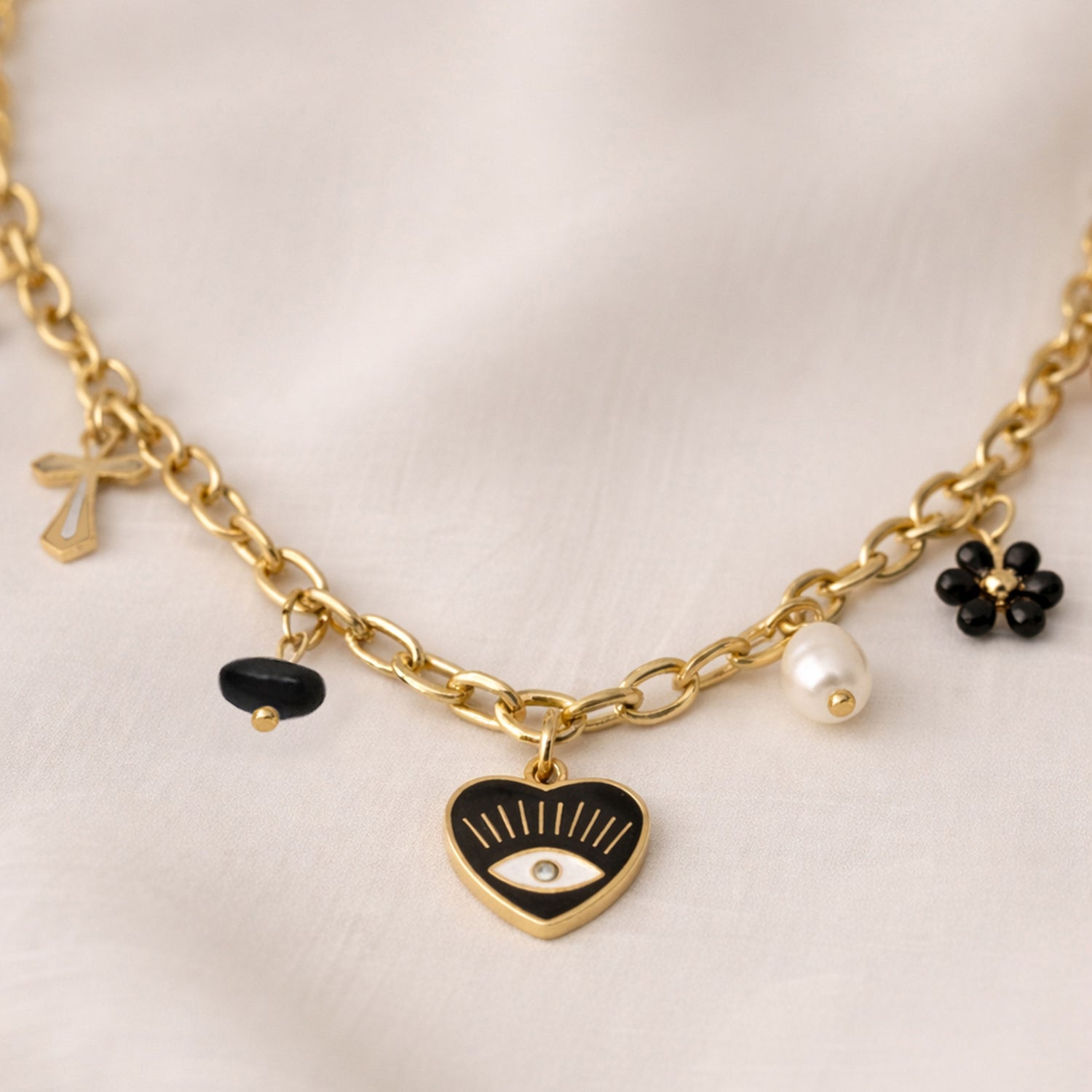 Artklim Gold-Plated Trendy Chunky Chain with Heart & Cross Charms Anti-Tarnish Pendant Necklace