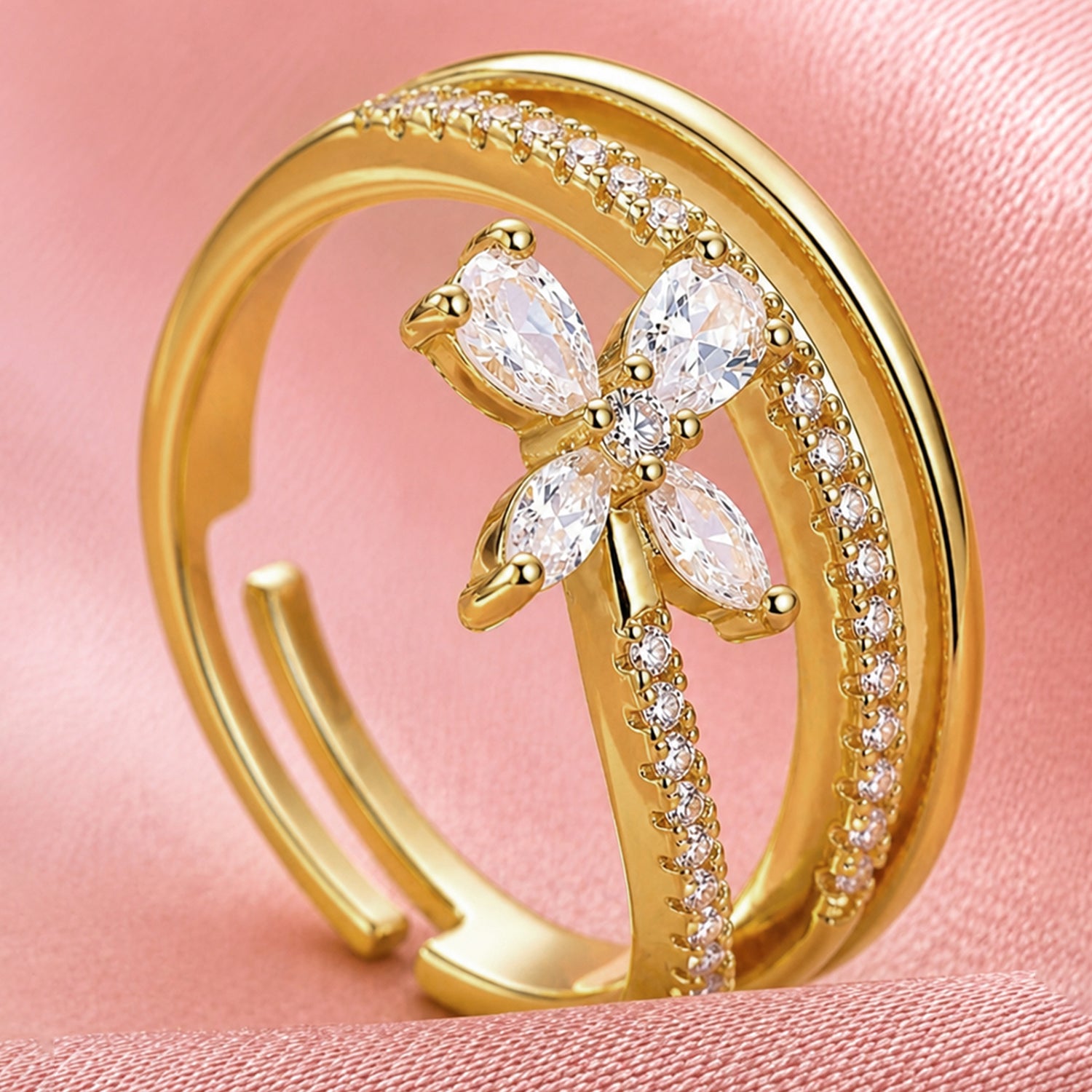 Artklim Butterfly Adjustable Gold-Plated Crystal Anti-Tarnish Ring