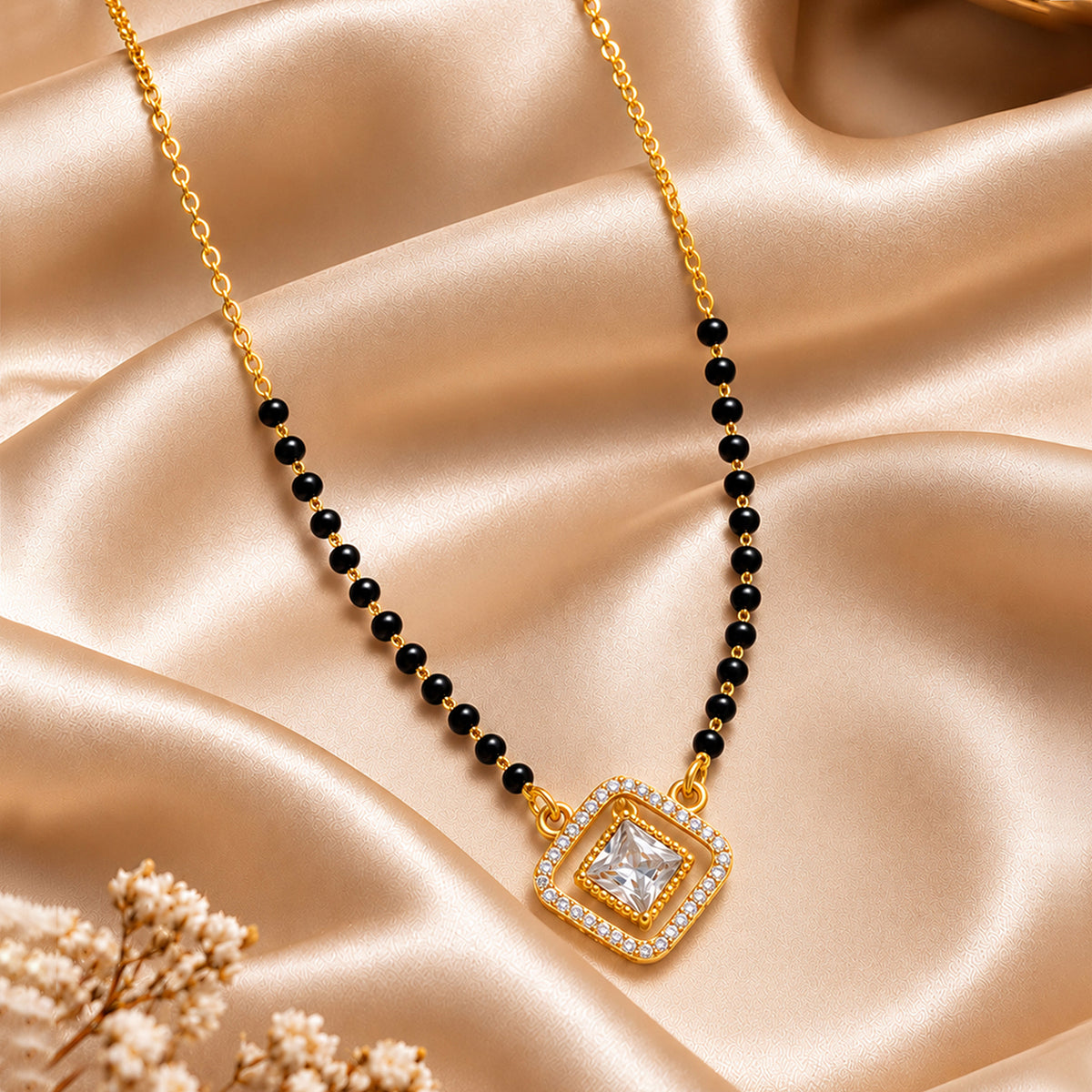 Artklim Elegant Square Solitaire CZ Pendant Gold-Plated Mangalsutra with Black Beads