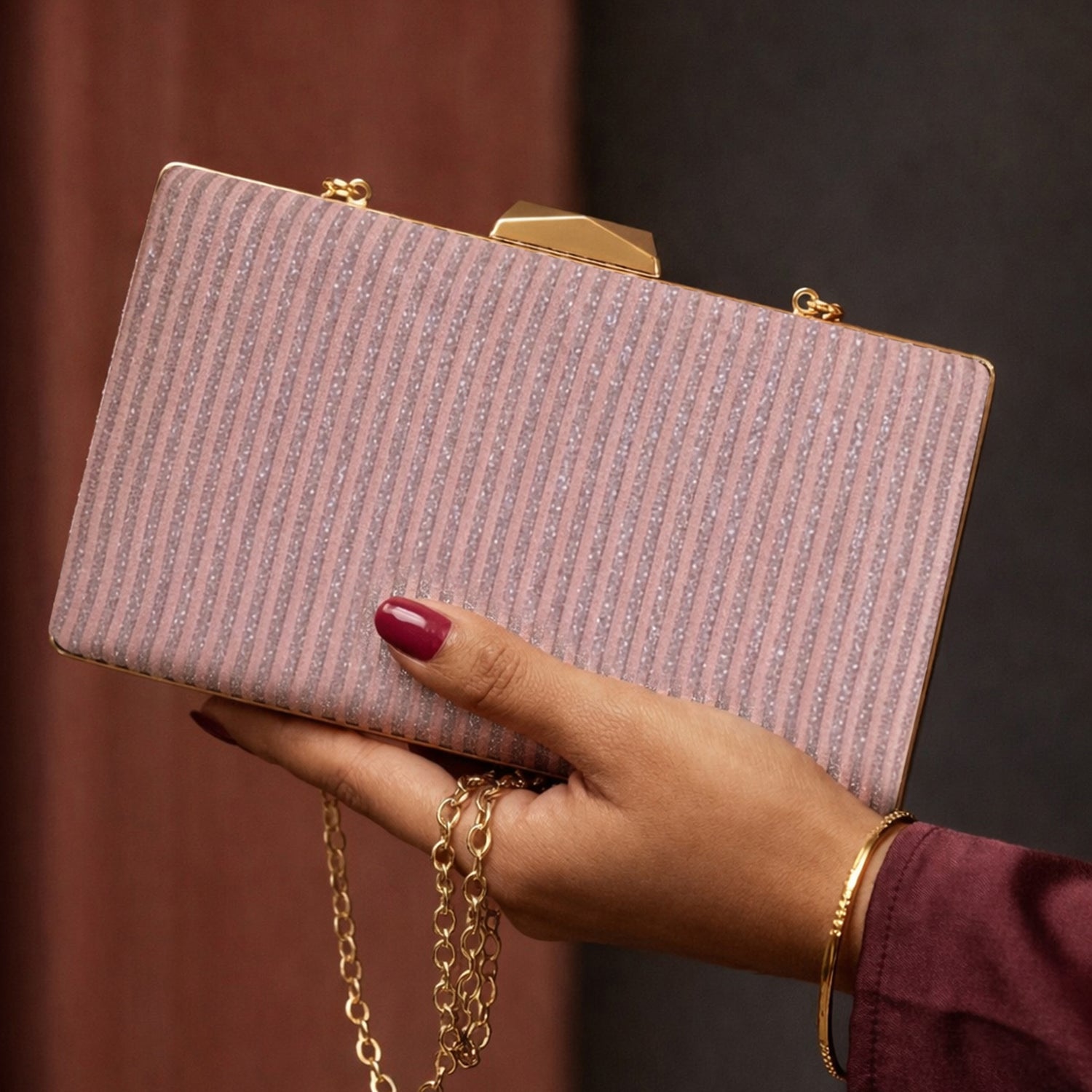 Artklim Elegant Blush Pink Shimmer Striped Clutch