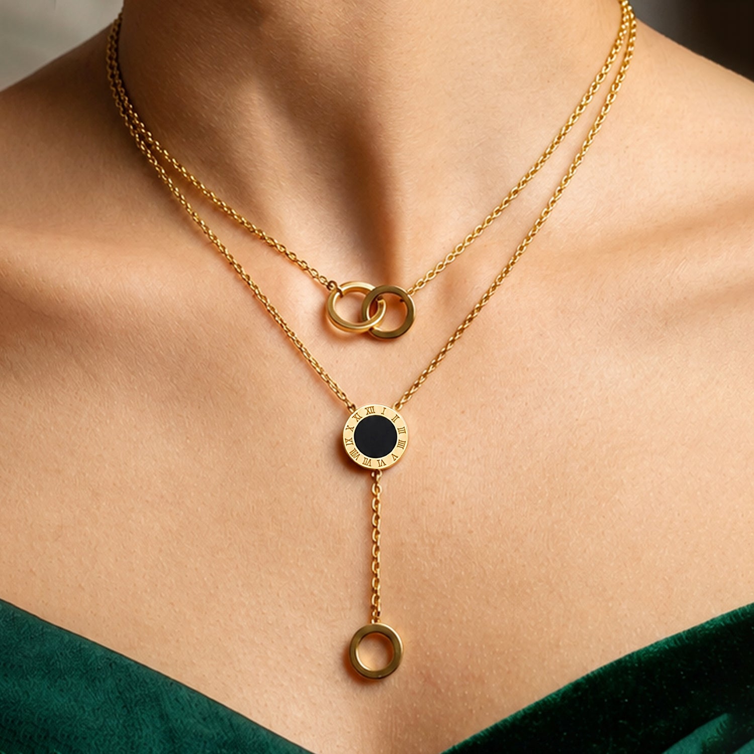 Artklim Interlocking Rings Roman Drop Gold Anti-Tarnish Pendant Necklace