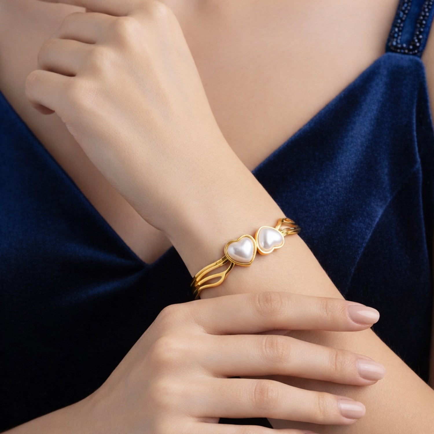 Artklim Gold Plated Elegant Open Cuff with Double Heart Anti-Tarnish Bangle Bracelet