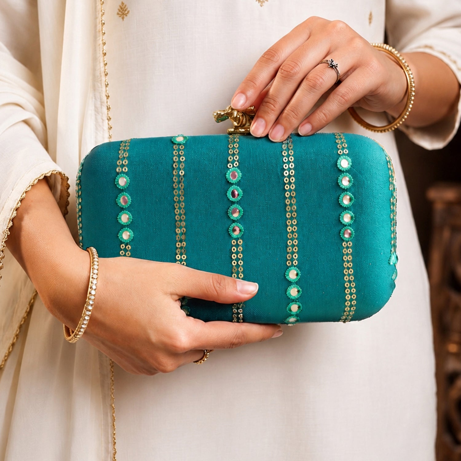 Artklim Elegant Teal Green Embellished Embroidered Clutch Bag