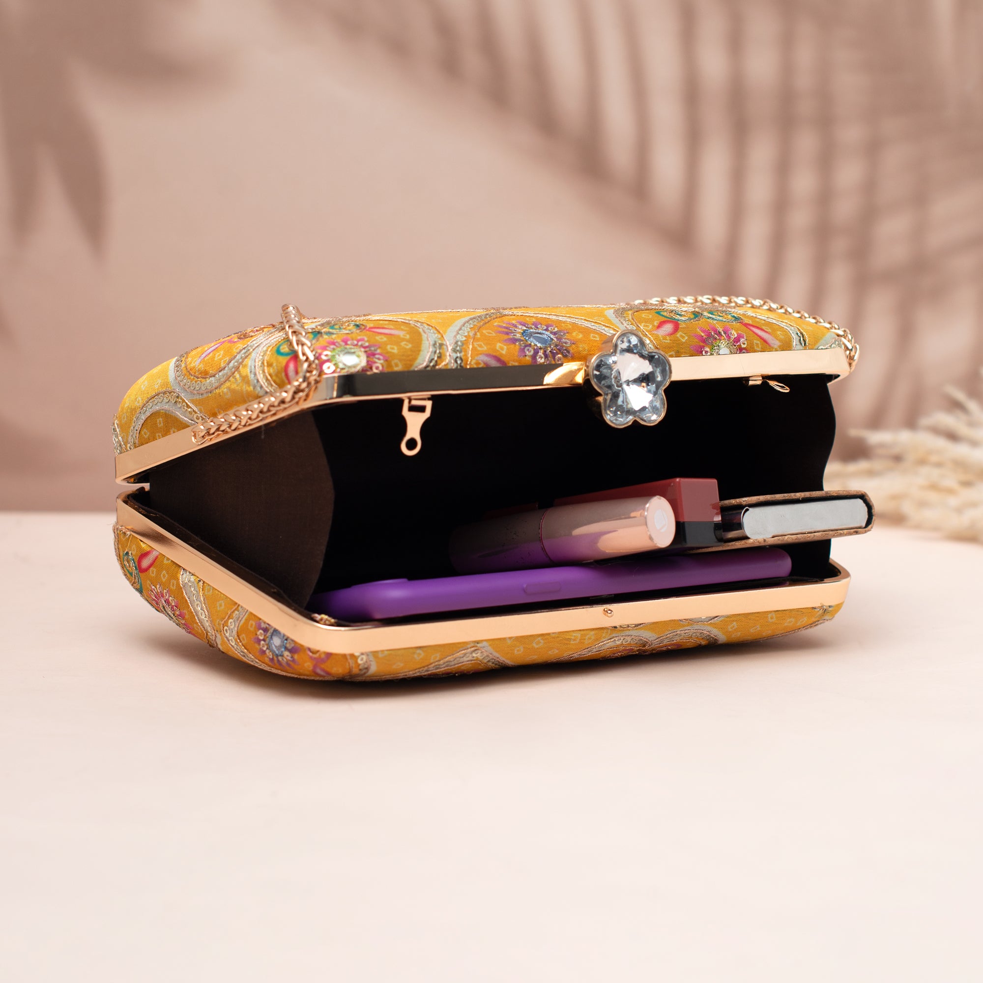 Artklim Mustard Yellow Circular Motif Clutch