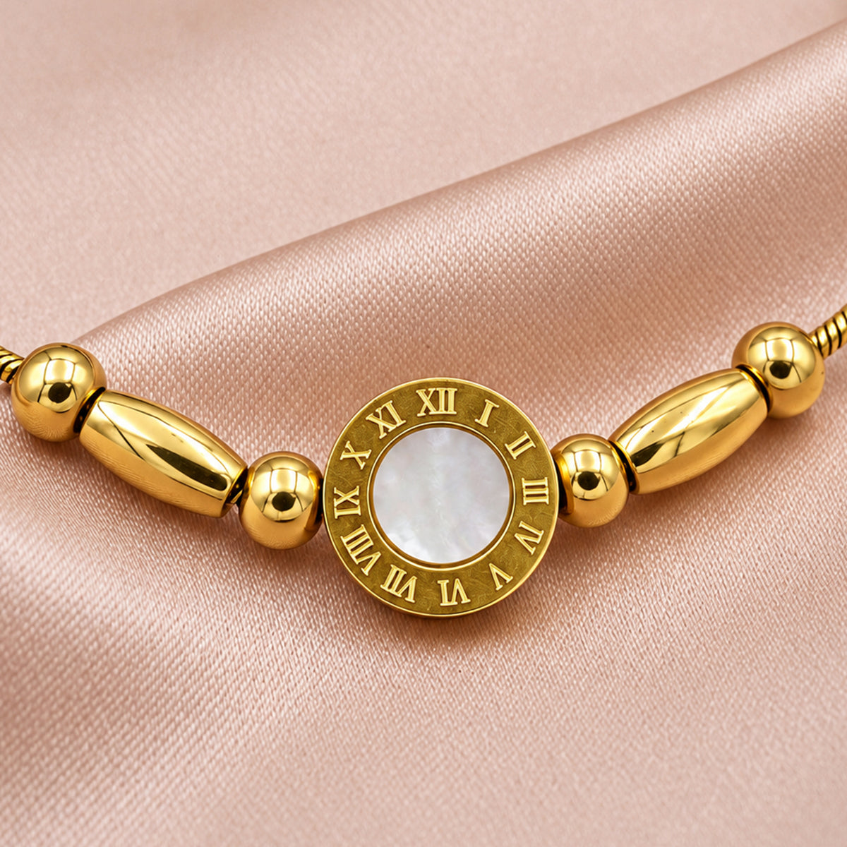 Artklim Luxe Roman Dial Beaded Gold-Tone Anti-Tarnish Bracelet