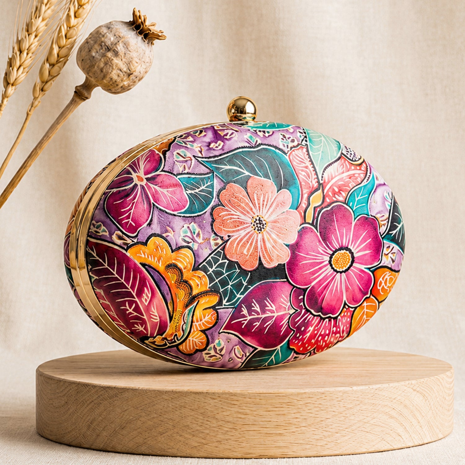Artklim Multicolor Floral Printed Oval Designer Clutch