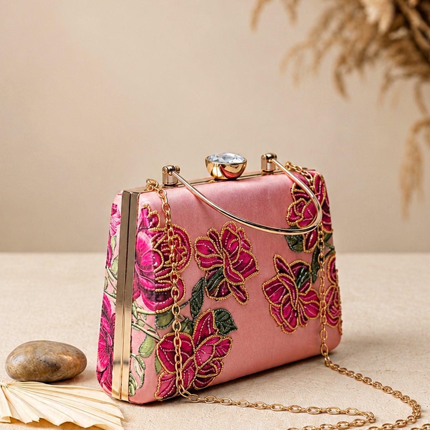 Artklim Pink Rose Embroidered Designer Clutch Bag