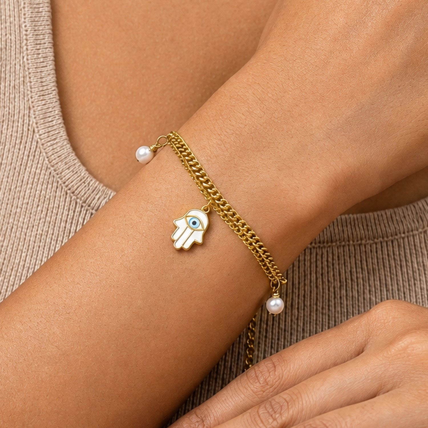 Artklim Evil Eye Hamsa Layered Chain Anti-Tarnish Bracelet