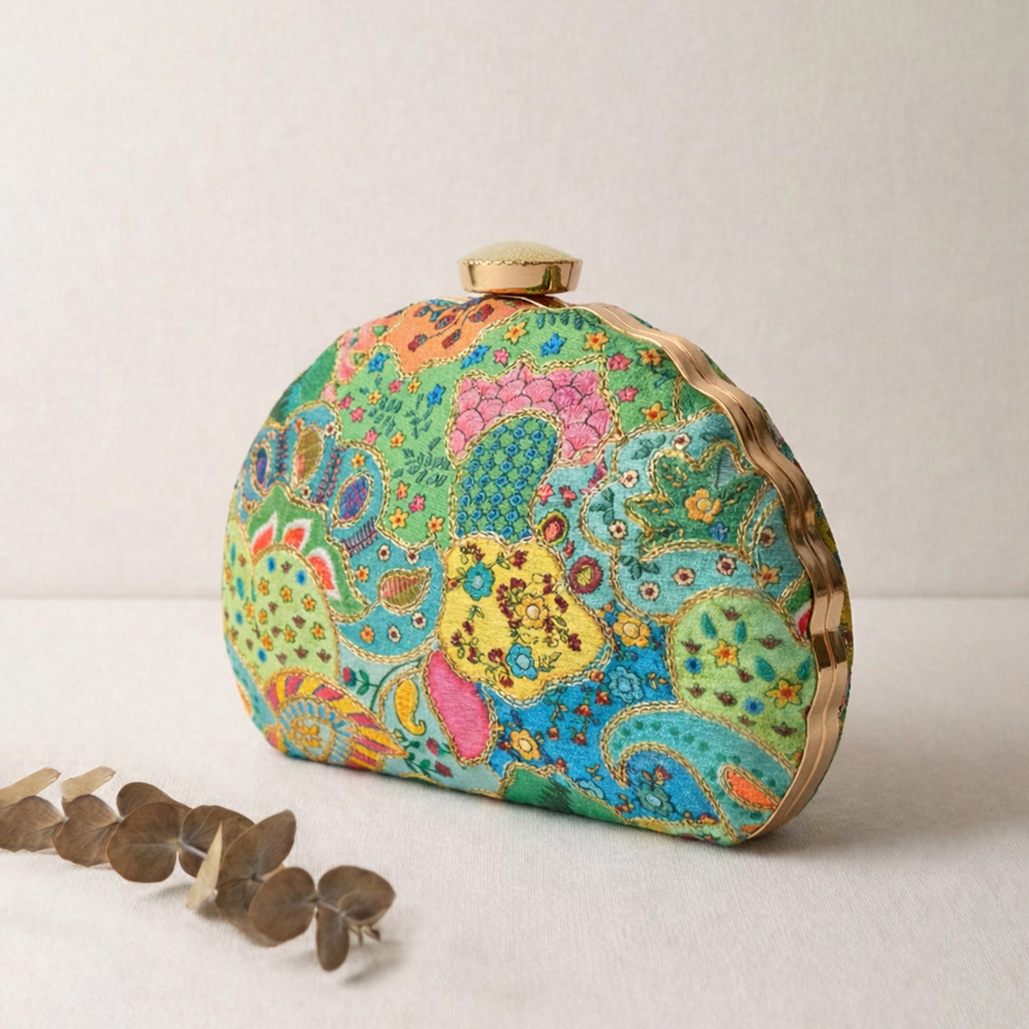 Green Multipattern Embroidery Moon Shaped Clutch