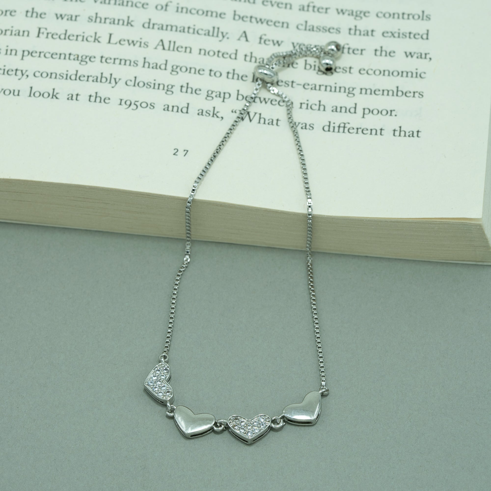 Artklim Silver Plated Studded Hearts Slider Bracelet