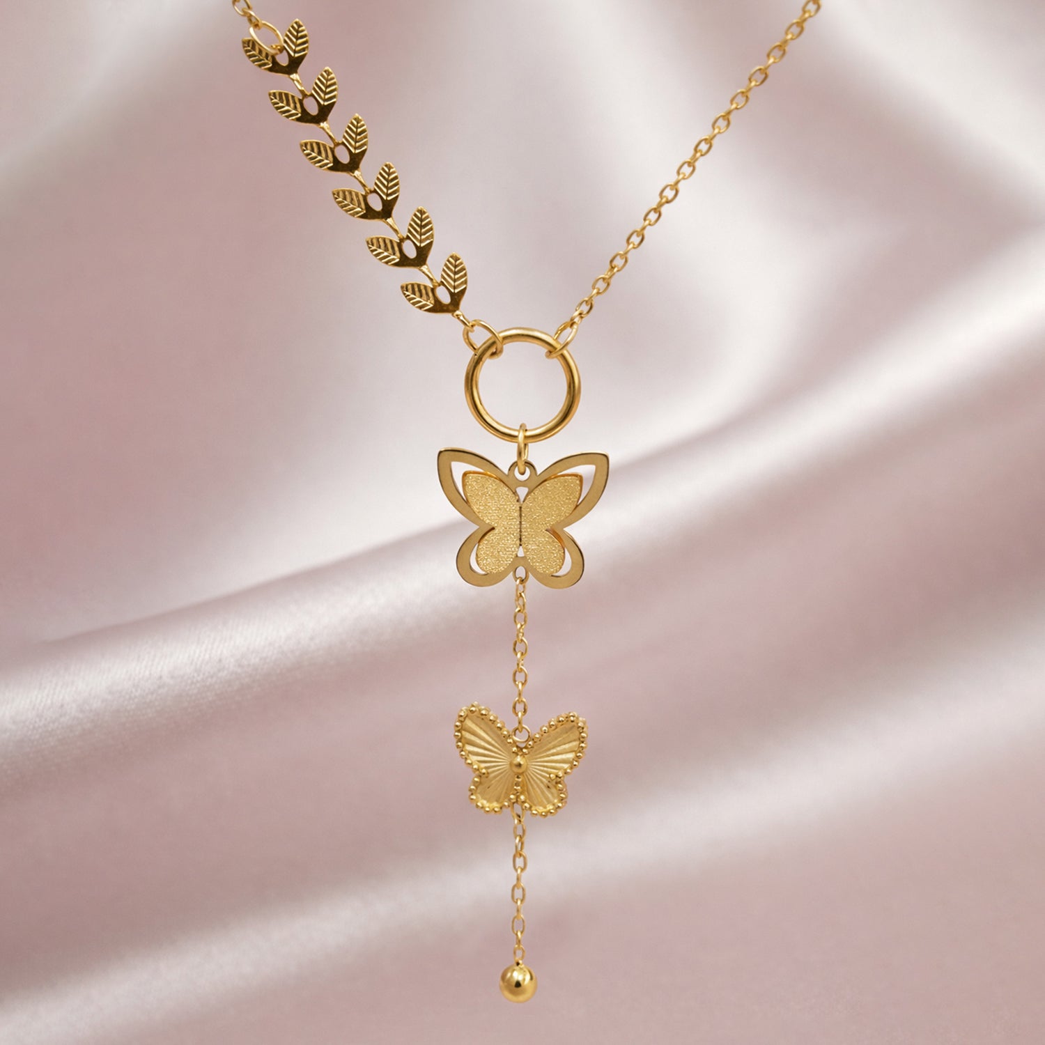 Artklim Gold-Plated Leaf & Butterfly Lariat Anti-Tarnish Pendant Necklace