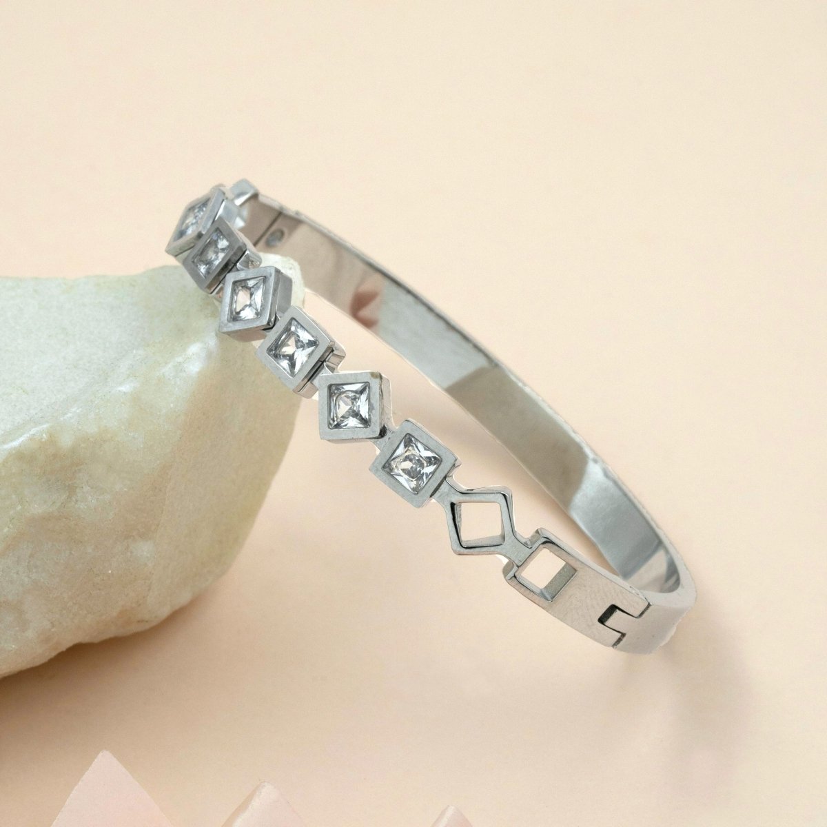 Artklim Silver Plated Geometric Shaped Studded Bangle Bracelet