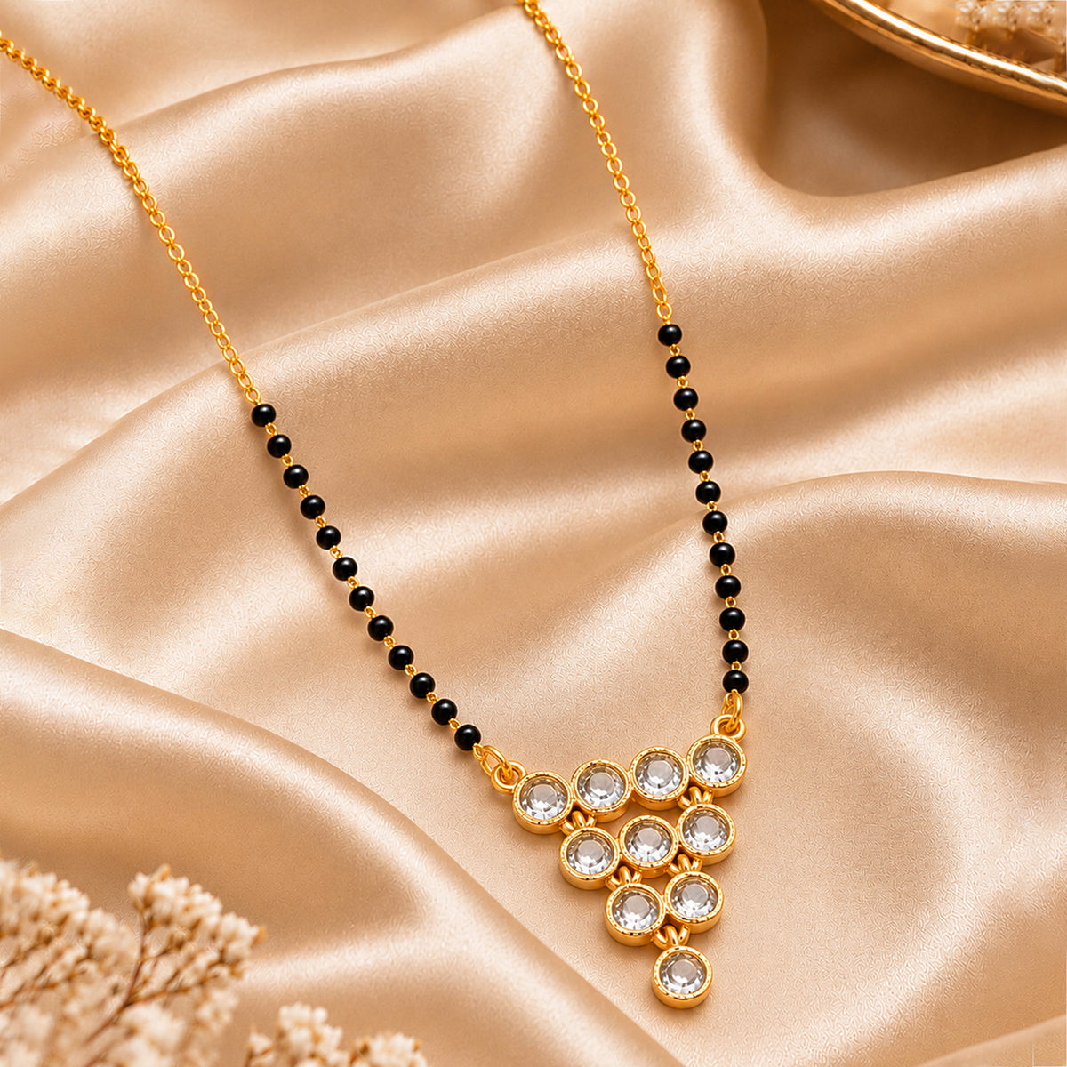 Artklim Elegant Multi-Stone Round CZ Gold-Plated Mangalsutra with Black Beads