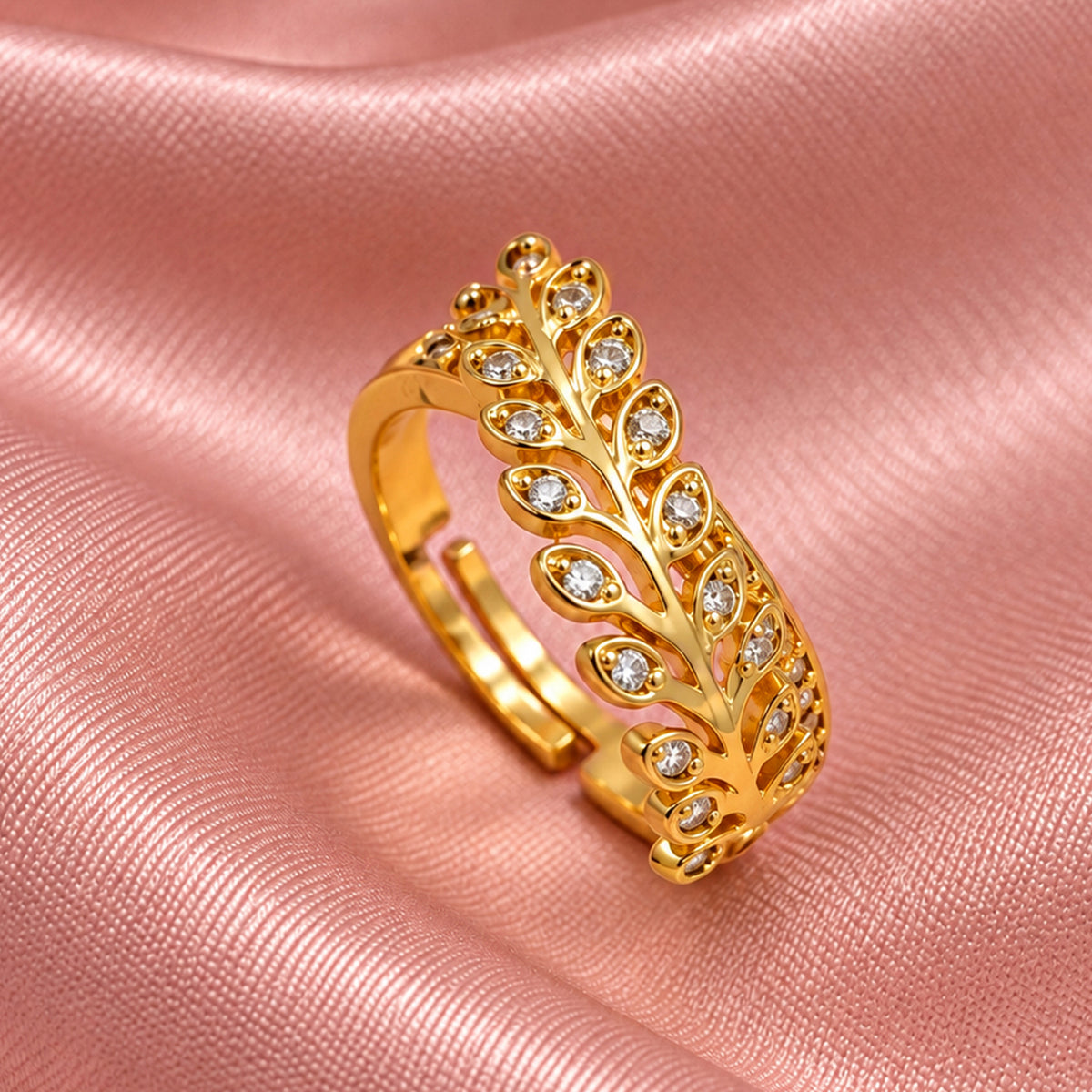 Artklim Elegant Leaf Vine Crystal Gold-Tone Statement Anti-Tarnish Ring