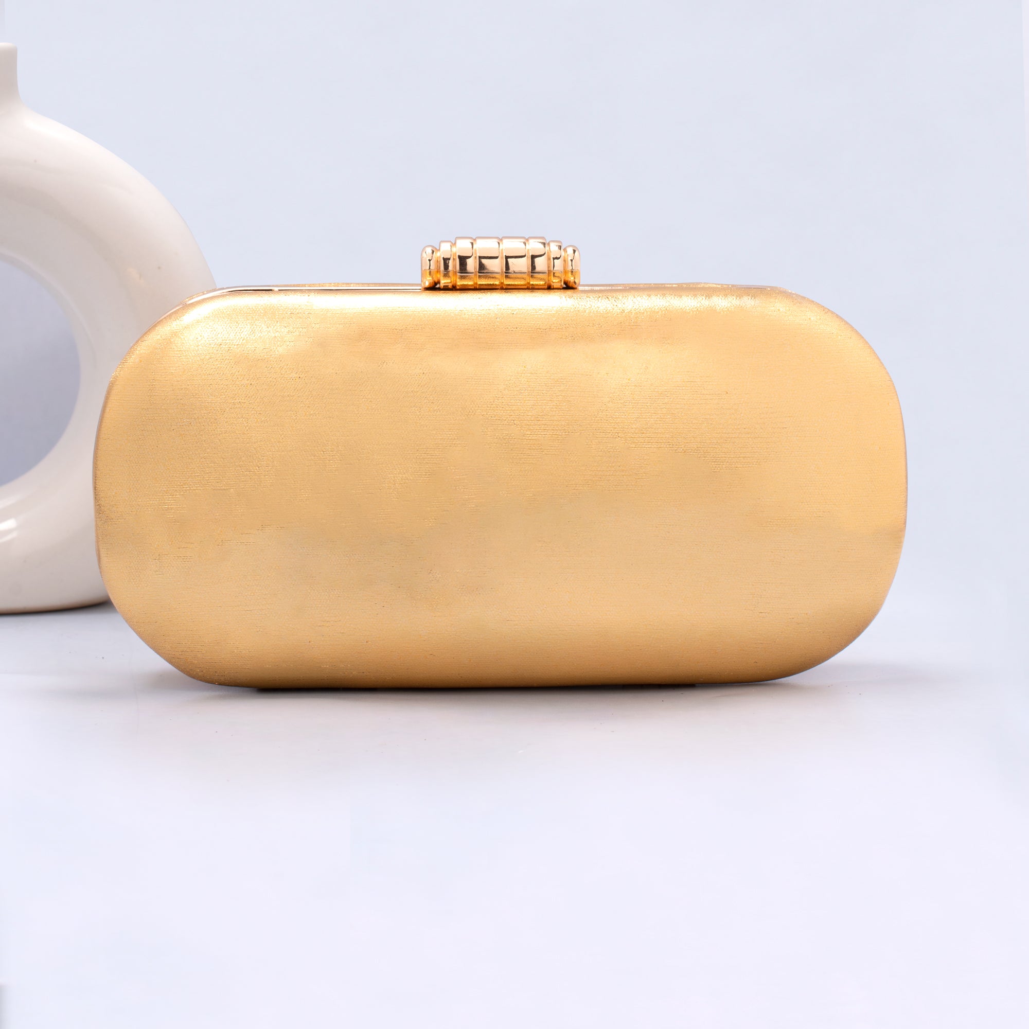 Artklim Golden Shiny Fabric Capsule Shaped Clutch