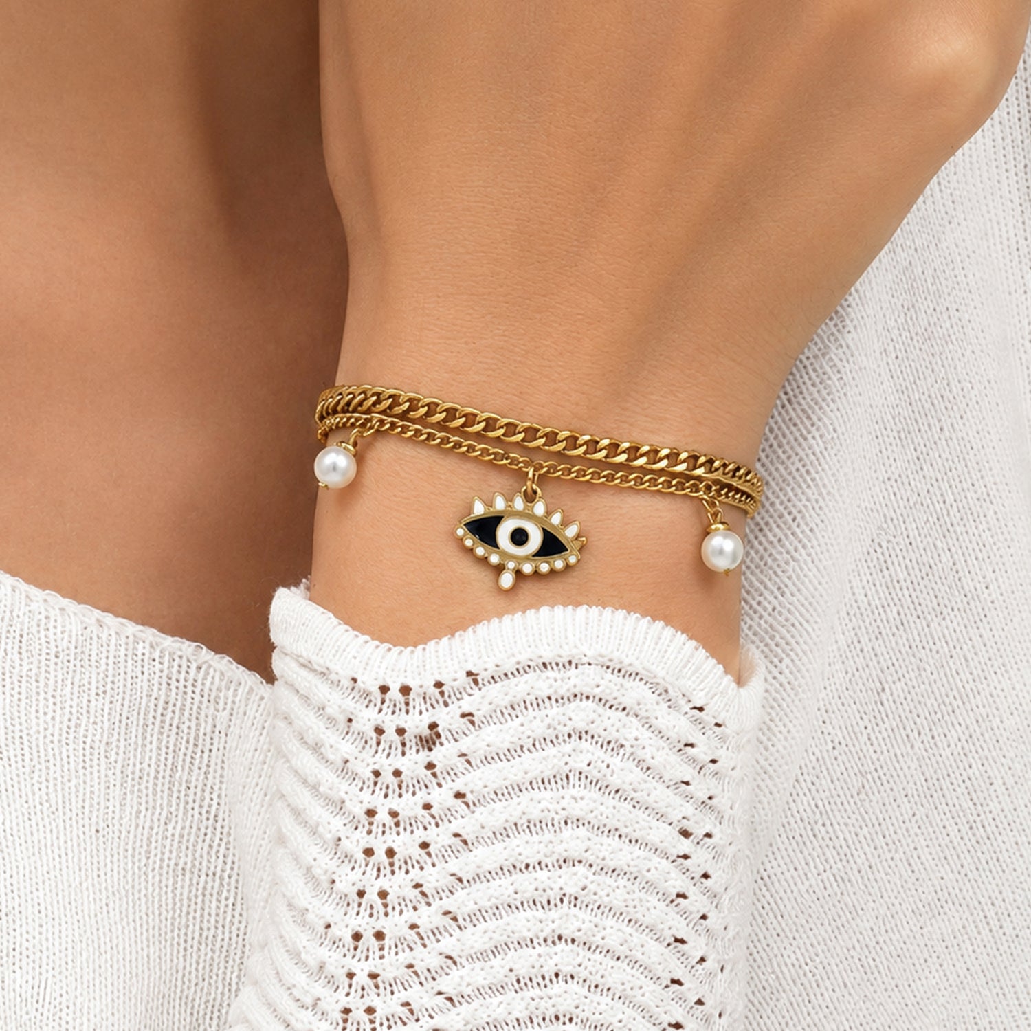 Artklim Evil Eye Pearl Layered Charm Anti-Tarnish Bracelet