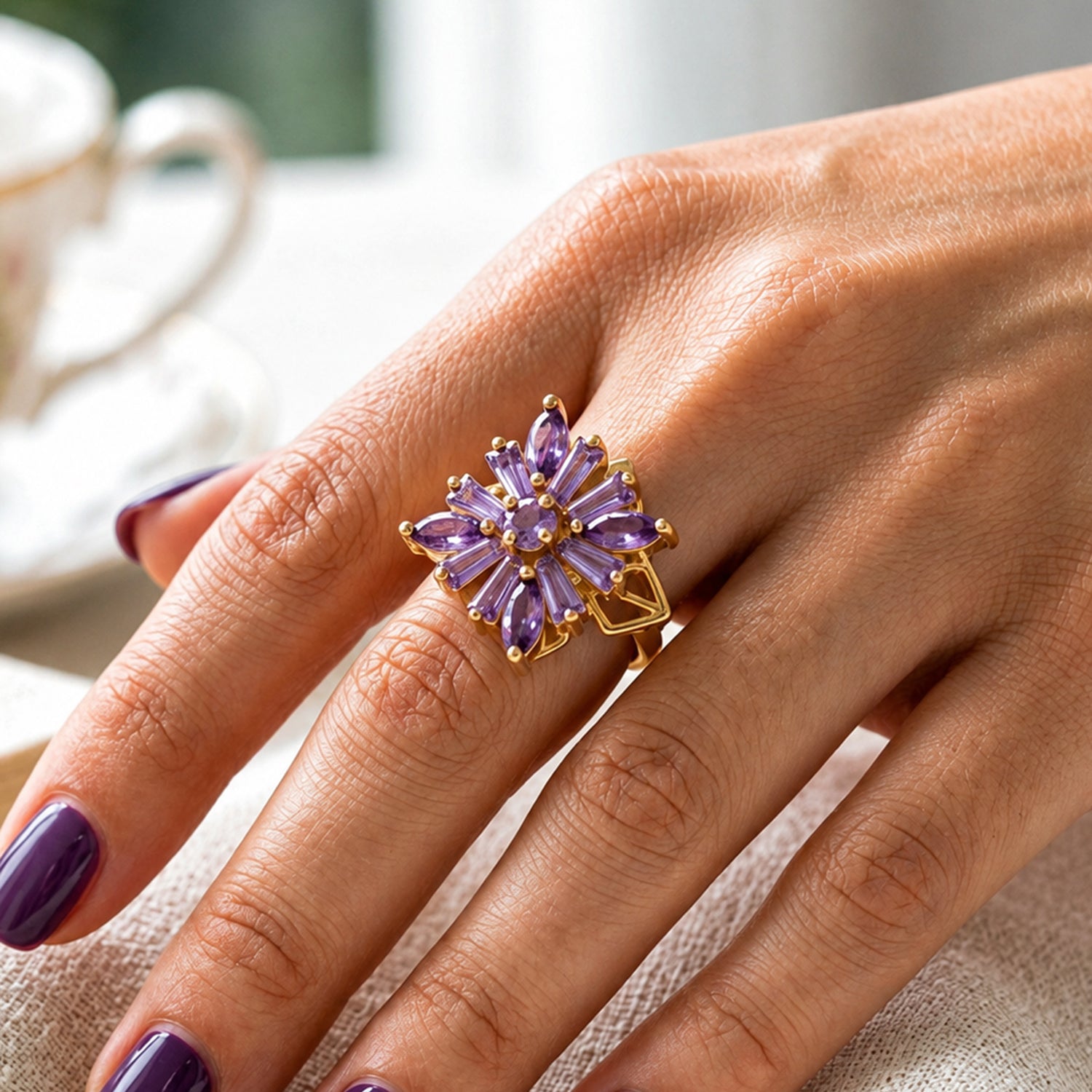 Artklim Lavender Bloom Revolving Flower Crystal Adjustable Anti-Tarnish Copper Ring