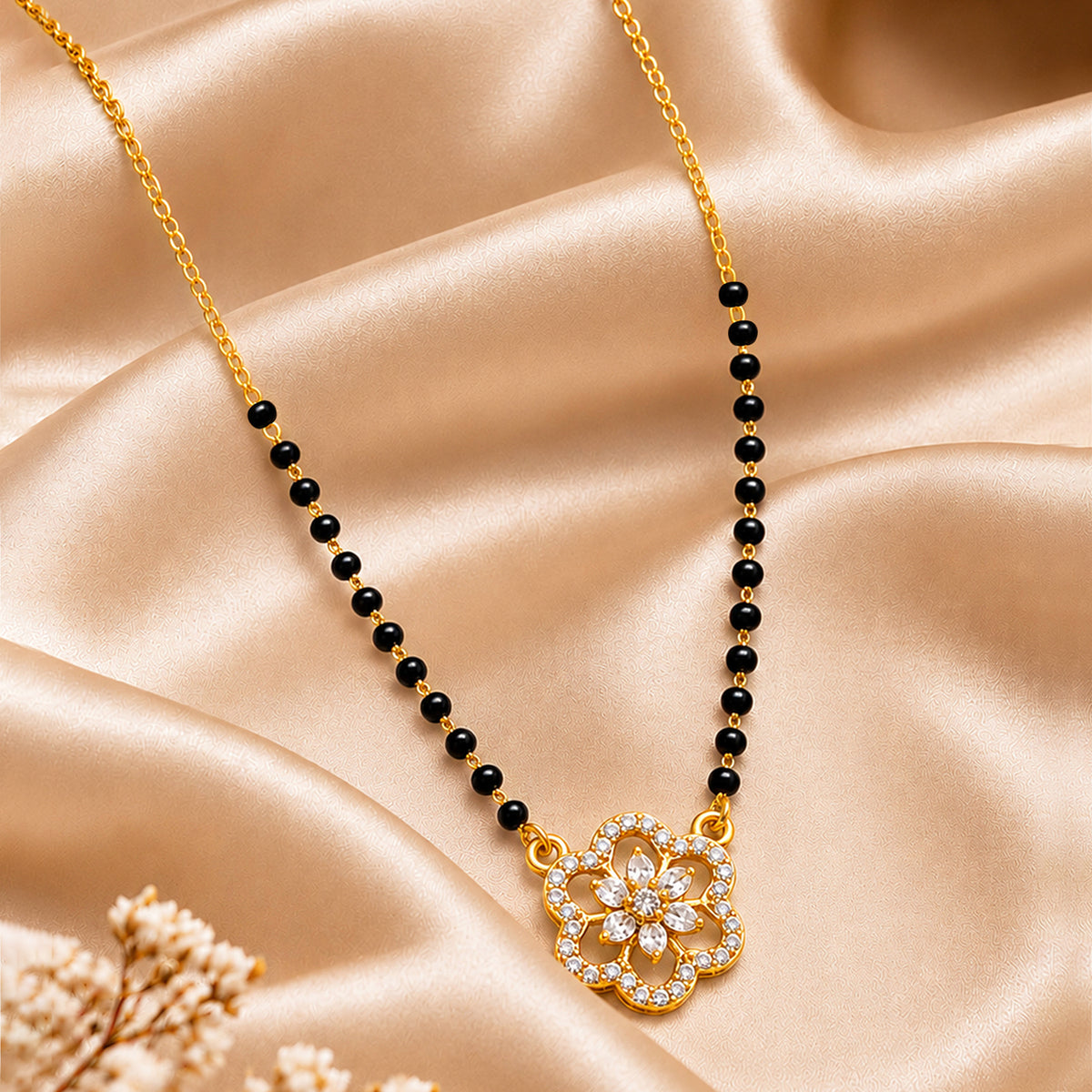 Artklim Beautiful Floral CZ Stone Gold-Plated Mangalsutra with Black Beads